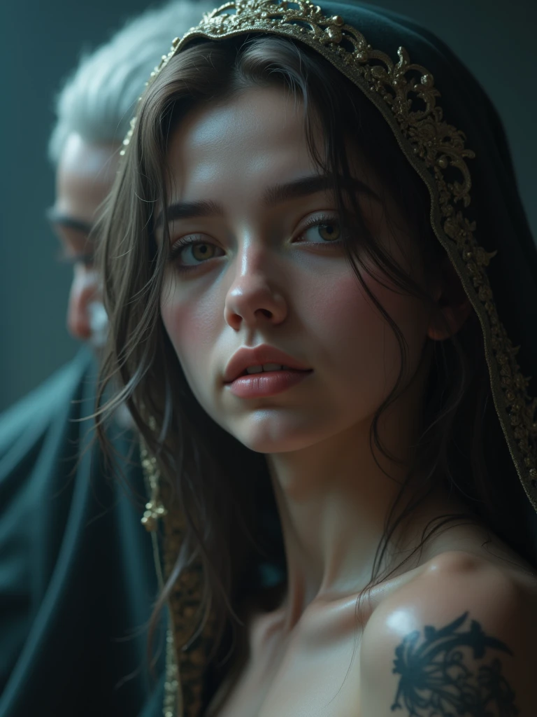 \masterpiece, best quality, 1girl 18 y.o. orgasmic facial expressions, detailed skin texture, (goosebumps:1), textured skin, realistic dull skin noise, visible skin detail, skin fuzz, (moist body, juicy body, humid body),(random cloak over body), glowing, tattoo , rim lighting, vibrant details, hyper-realistic, hand, facial muscles, elegant, super detailed, super realistic, concept portrait, 8k resolution concept art portrait by Gottfried Helnwein, super fine detail depiction, high resolution, abstract beauty, stand, approaching perfection, pure form, unfinished, intricate details,high resolution, hyperdetailed, trending on artstation, sharp focus, intricate details, highly detailed, cinematic lightings, cinematic film color, blue white green red purple tone, epic style, apocalyptic style, abstract style, Arabic style, Persian royal style, Luxurious style, fantastic style, royal style, low angle view, high detail, high detail skin, real skin, high_resolution, high quality\n