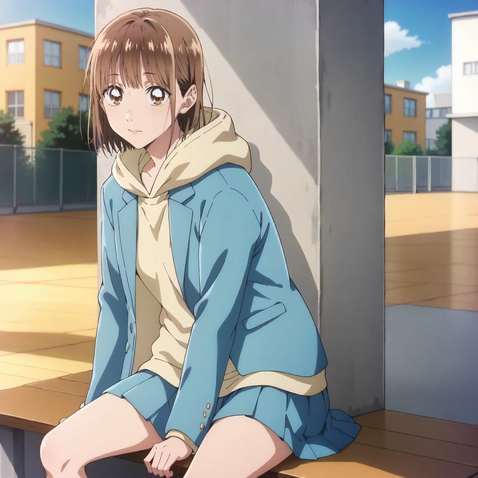 <lora:AnH_ChinatsuKanoXLpony001>,
outdoors,
solo,
ChinatsuKano,1girl,brown hair,medium hair,brown eyes,
hoodie,school_uniform,blue jacket,
pleated skirt,blue skirt,
sitting,