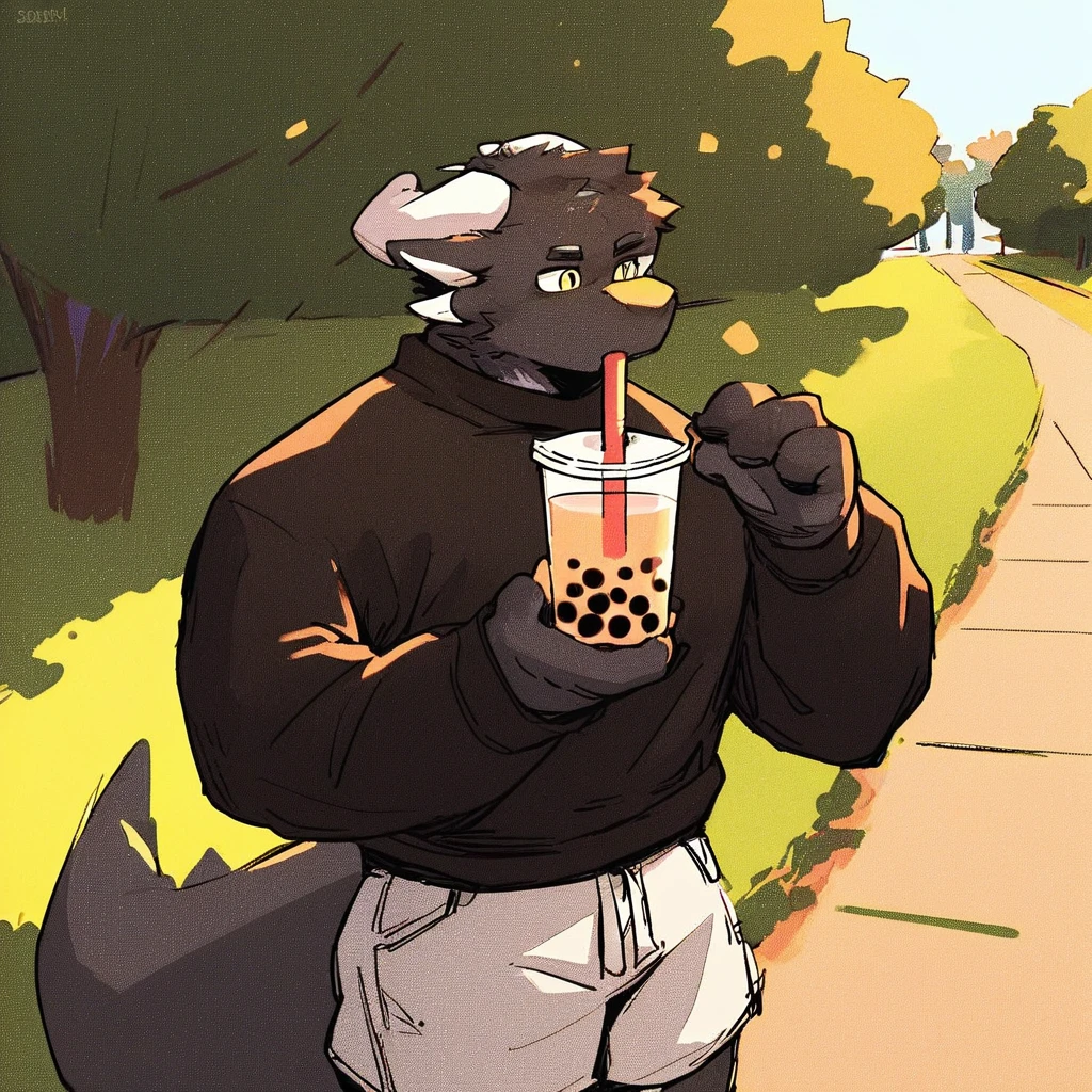 score_9_up, score_8_up, score_7_up, source_furry, mikus-style, black dragon, black body, white horns, yellow eyes, park, holding, bubble tea, black sweater, gray shorts, 1boy, solo