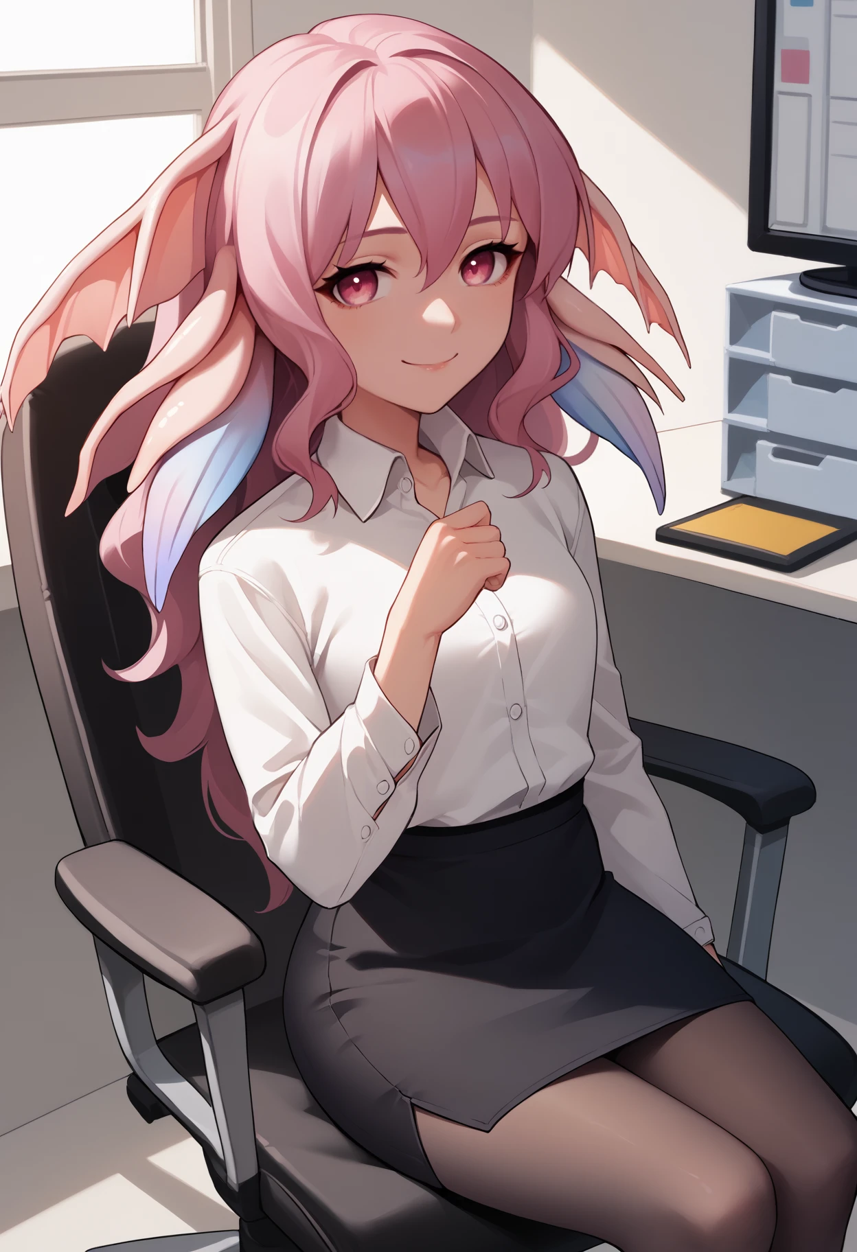 score_9, score_8_up, score_7_up, source_anime, <break> solo, 1girl, rf3pia, monster girl, smile, looking at you, sitting, swivel chair, pink hair, head fins, pink eyes, white shirt, collared shirt, long sleeves, black skirt, pencil skirt, black pantyhose, indoors, office
<segment:yolo-face_yolov8m.pt,0.4,0.5//cid=1>