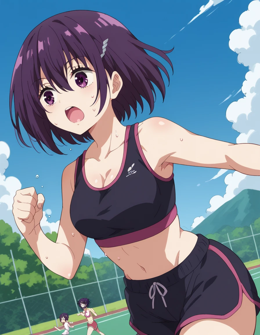 score_9, score_8_up, score_7_up, source_anime, <lora:suzu-kanade-s1-ponyxl-lora-nochekaiser:1>, suzu kanade, short hair, black hair, hair ornament, hair between eyes, purple eyes, purple hair, hairclip, medium breasts,, <lora:dolphin-shorts-ponyxl-lora-nochekaiser:1>, dolphin shorts, shorts,, outdoors, running, sweat, open mouth, sports bra, cleavage, navel, midriff, ponytail,, , cowboy shot, dutch angle,