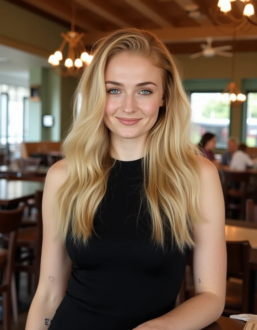 <lora:Sophie_Turner_Flux (1):1> This is a high-resolution photograph of a young woman with a light complexion and striking blue eyes. wavy blonde hair styled in loose waves cascading over her shoulders. Her hair is parted on the side,  wearing a black dress standing in a cafe, looking at the viewer, smiling.