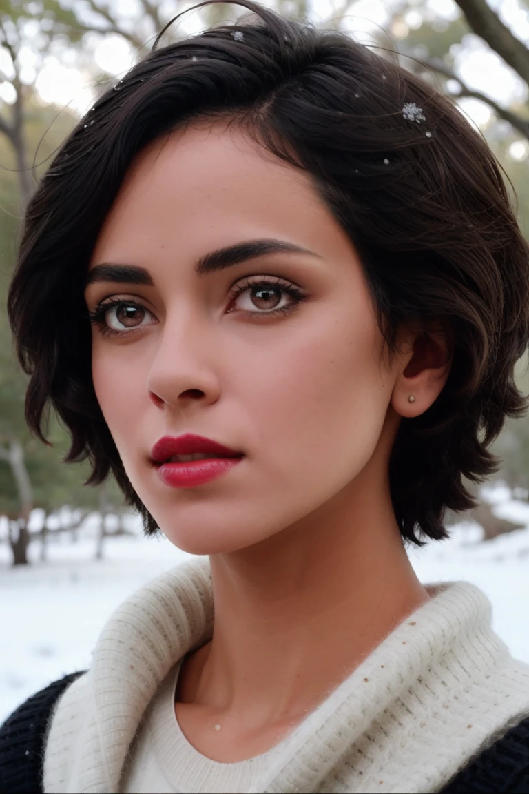 <lora:robertavasquez:0.6>, robertavasquez , a photo of a woman, short hair, sweater, outdoors, snow, trees, red lipstick, blush, ((detailed eyes, detailed face):1.2)