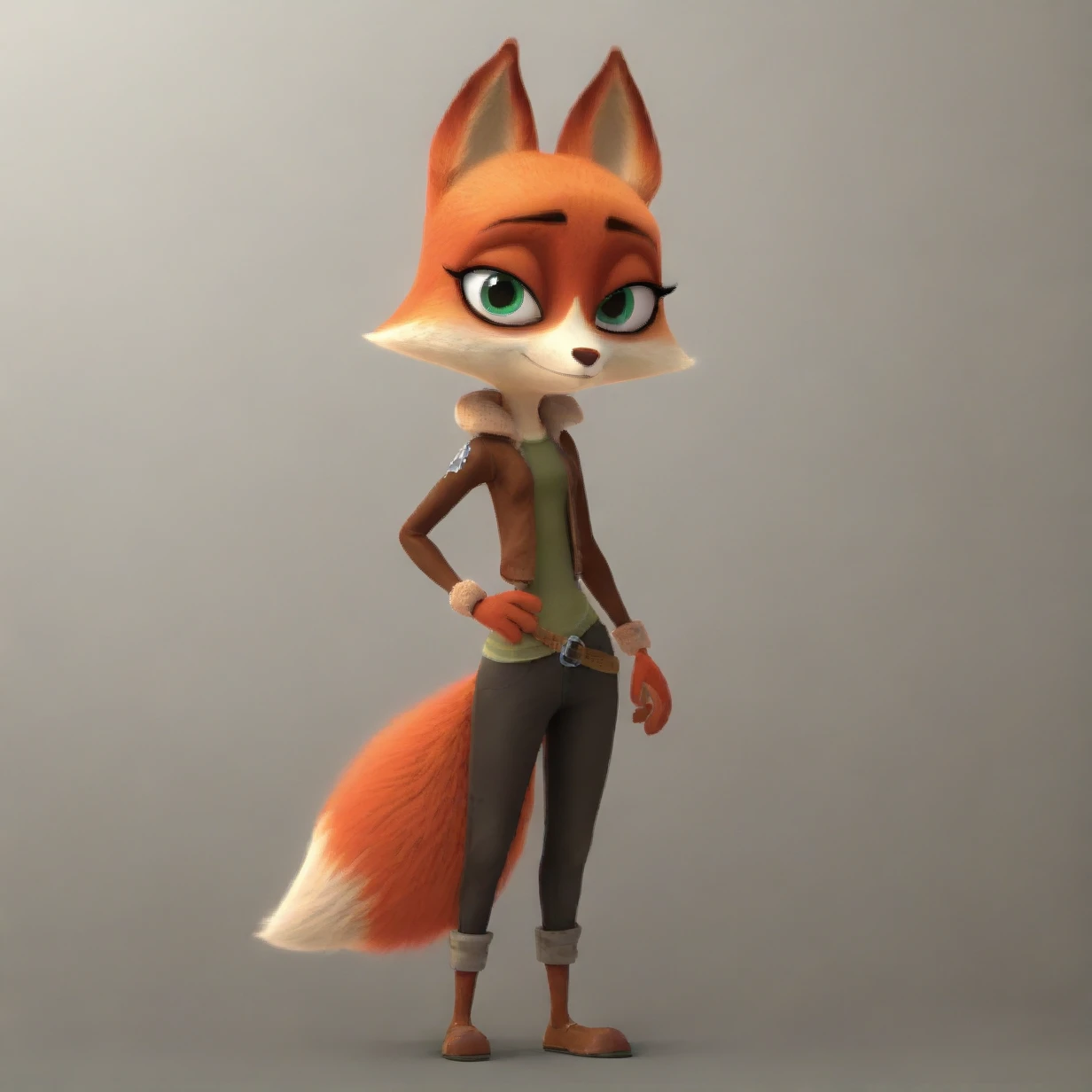 solo, Jade, fox, full body, looking at viewer, anthro, mammal, solo, female, tall, skinny, abstract background, hi res, green eyes, shoes, smile, 4 fingers, fur, hi res, standing, red fur, digital media (artwork)