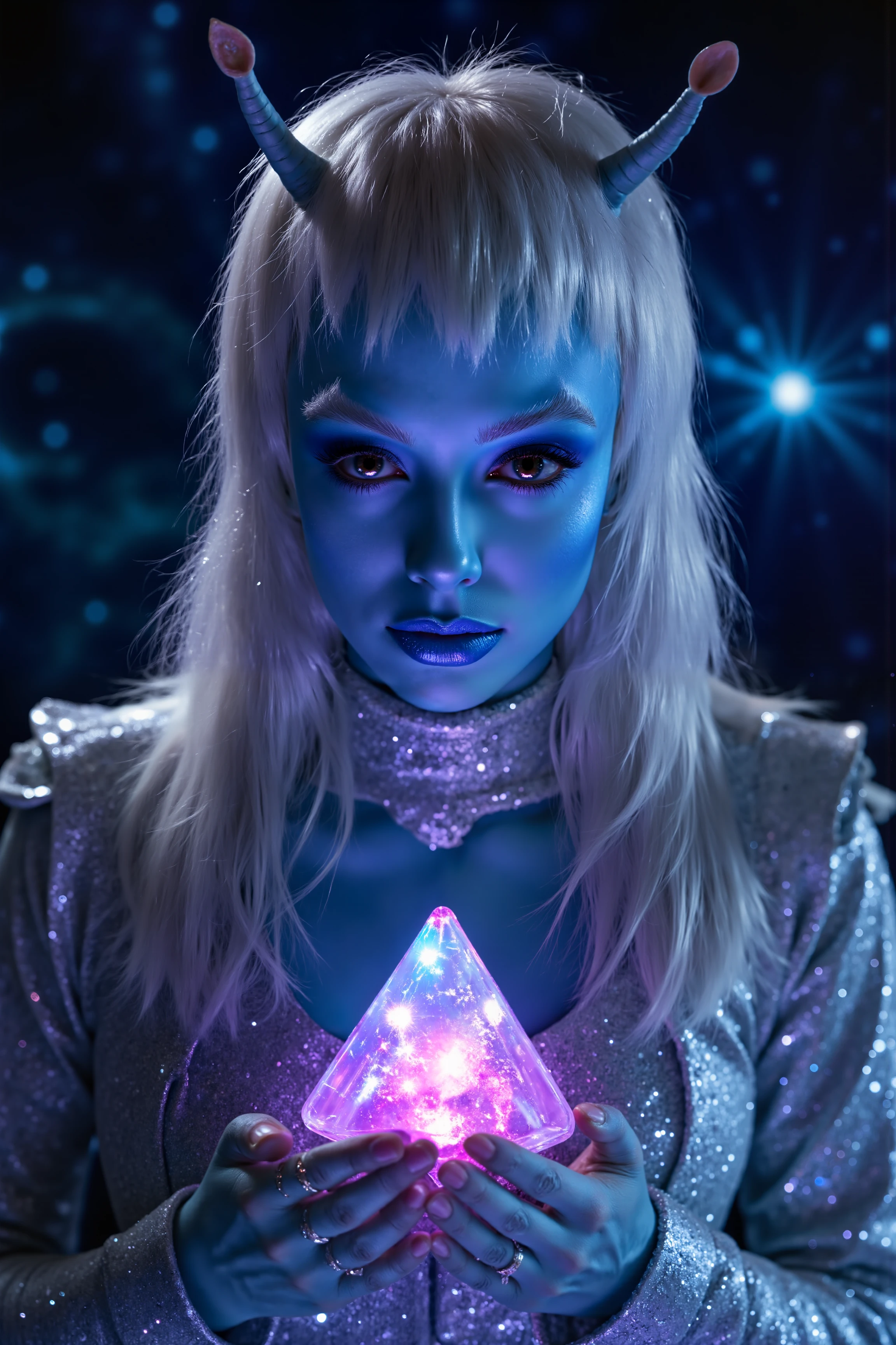 A hyper-realistic portrait, photorealistic photo close-up image of A close-up portrait of a young female andorian with long, flowing white hair and blue skin, standing on a floating platform made of translucent crystal. Sheâs holding a glowing, triangular prism in her delicate hands, its surface shifting and changing colors from deep violet to electric blue. Her large, almond-shaped eyes, shimmering with hints of gold, are fixed intently on the prism as if trying to decipher its secrets. She wears a strange, high-collared cloak made of shimmering, liquid-like material that ripples and flows around her, reflecting the colors of the prism. The background shows a vast, cosmic sky filled with swirling nebulae and distant stars, giving the impression that sheâs in a place far beyond the ordinary. The ethereal beauty of the elf combined with the mysterious triangle object creates a sense of otherworldly intrigue. Her pointed ears twitch slightly as the prism emits a soft, melodic hum, resonating with the energy of the cosmos around her. (photography, high-resolution, dynamic, energetic,hyper-realistic, dramatic lighting, shallow depth of field.), detailmaximizer, MythP0rt<lora:midjourney_whisper_flux_lora_v01:0.55><lora:aidmaMJ6.1-FLUX-V0.1:0.4><lora:FluxMythP0rtr4itStyle:0.4><lora:detailed_flux_ntc:2.2><lora:aidmaImageUpgrader-FLUX-V0.1:0.65><lora:andorian_FLUX>