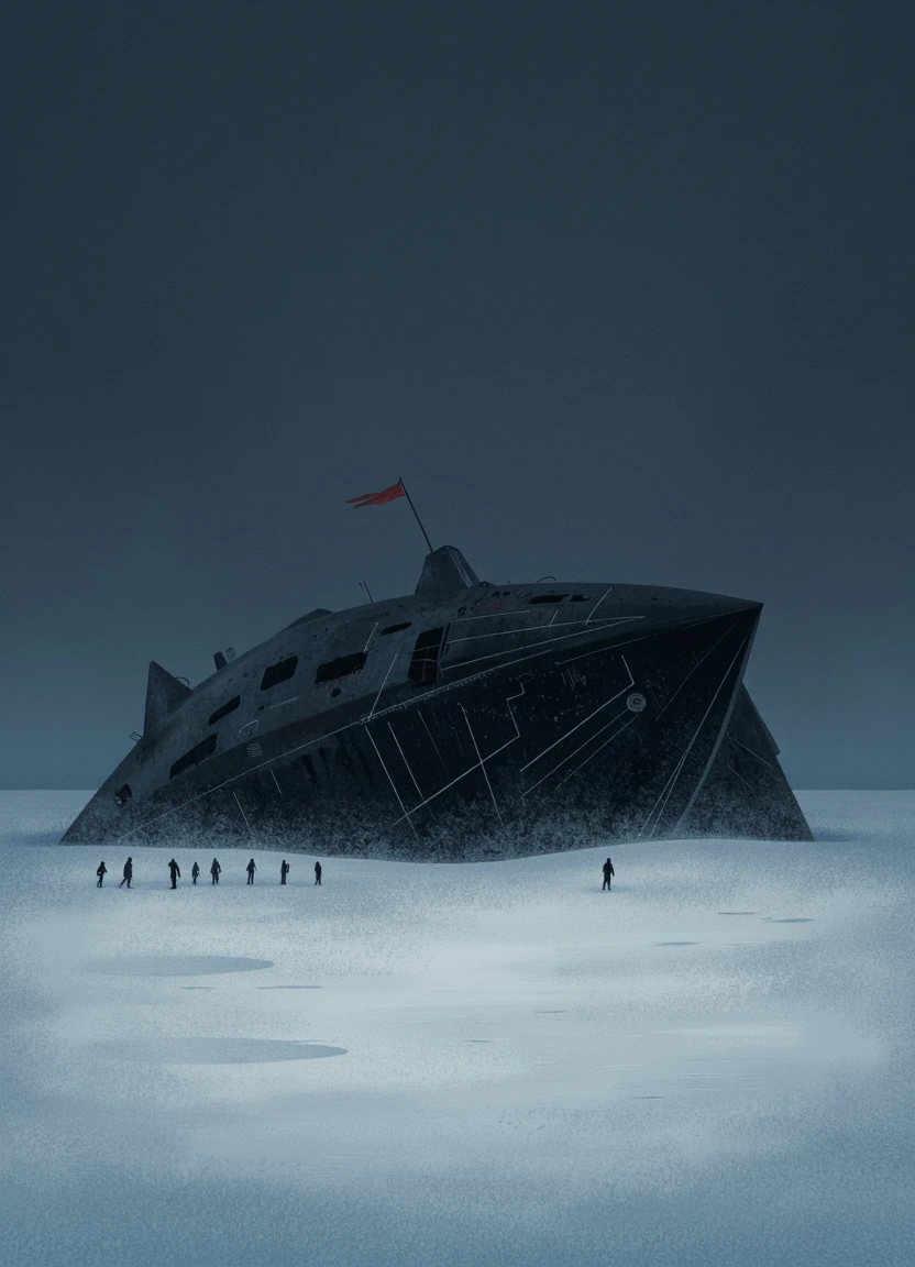 minimalist poster art, Crashed alien ship half-buried in a frozen tundra, Dracula and Agent 47 Baking sour dough bread, dark and eerie atmosphere, highly detailed,
