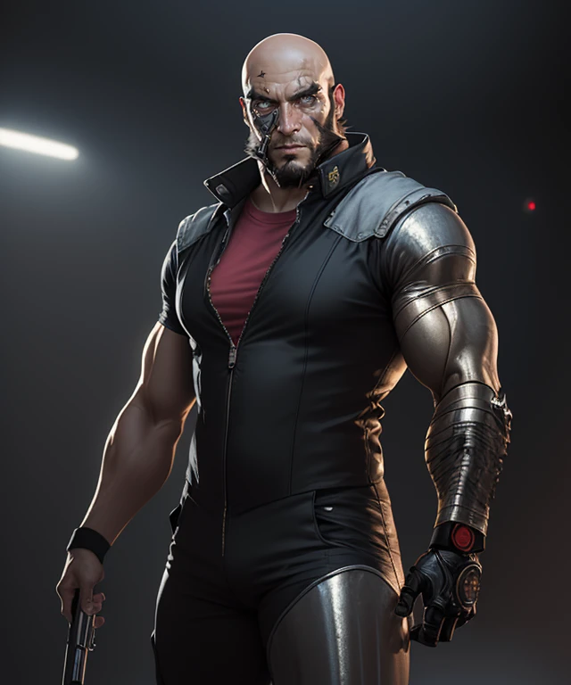 (masterpiece:1.2), best_quality, official_art, ultra_detailed, (jetblack:1.5), male focus, 1boy, facial hair, (beard:1.2), bald, black hair, muscular, (eye_scar:1.2), (metal_facial_mark:1.2), (cyborg:1.2), (prosthetic_arm:1.5), (single_metal_arm:1.5), armor, jumpsuit, (single_red_short_sleeve:1.2), (black_wristbands:1.2), holding_gun, (fog:1.2), (neon_lights:1.2), (sci-fi:1.5), (noir:1.2), (dramatic_lighting:1.2), (cowboy_shot:1.2), <lora:JetBlackV1:1>