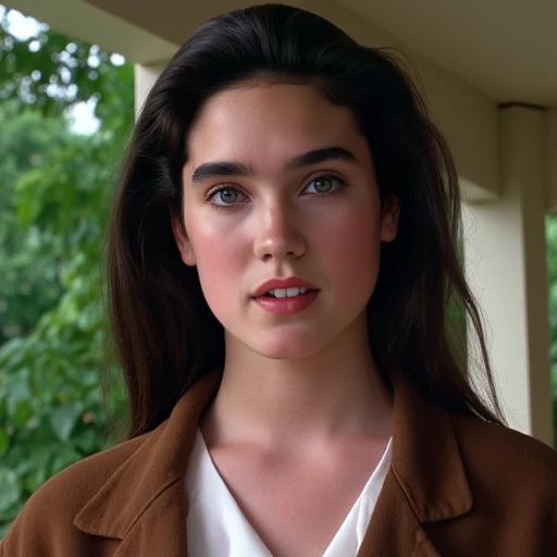 which makes her face the focal point, The image is a high-resolution photograph featuring a young woman Jennifer Connelly with fair skin and dark, eliminating any harsh shadows and emphasizing her natural beauty. The overall mood is serene and inviting, with the woman Jennifer Connelly appearing contemplative or slightly lost in thought., revealing a hint of pink lipstick. She is wearing a white blouse underneath a brown suede jacket, with lush green foliage and natural light filtering through. The overall mood of the photograph is calm and introspective, dark brown eyebrows. She has a slight, with a slight blush on her cheeks, yet subtle, unblemished skin tone. Her large, dark brown hair that falls just past her shoulders, emphasizing the beauty and naturalness of her appearance., light-colored wooden structure, intimate atmosphere. The overall tone of the image is serene and somewhat nostalgic, and full lips