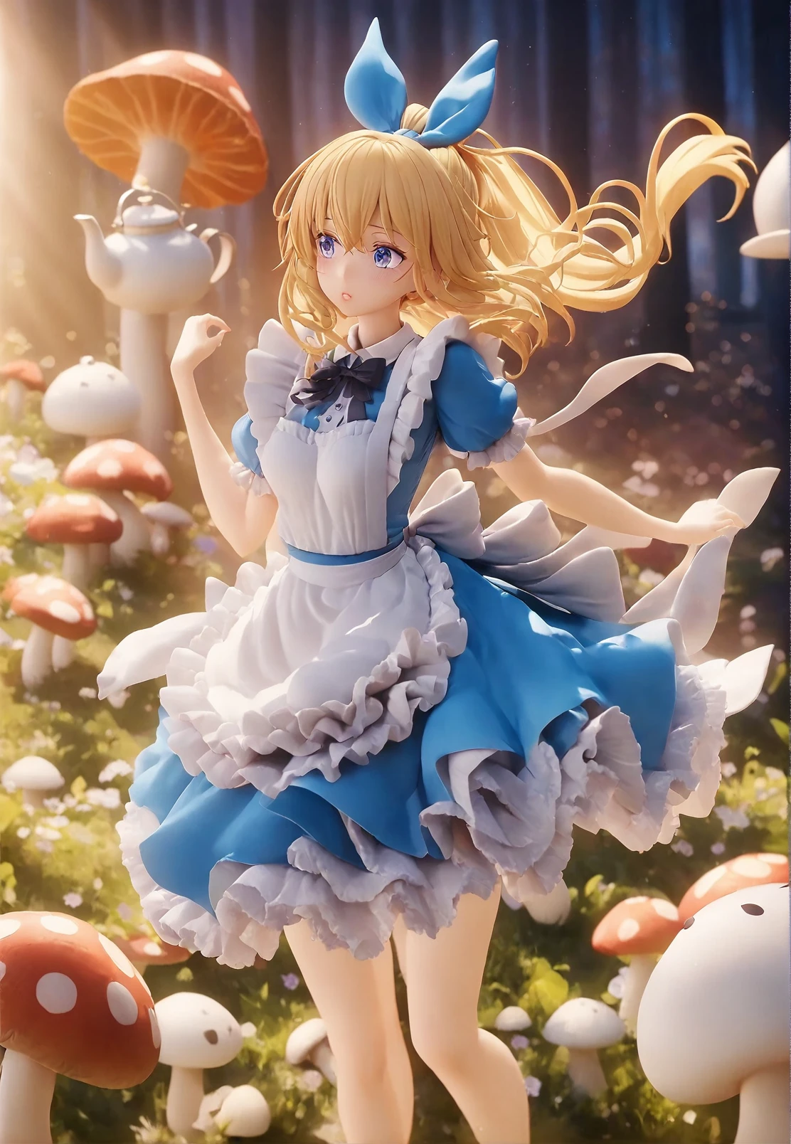 <lora:Gock_so_PVC_v1:1> (pvc:1.3) ,A cute, anime-style girl inspired by Alice in Wonderland, with long, flowing blonde hair tied with an oversized blue bow. Her large, sparkling blue eyes shine brightly, illuminated by the soft glow of moonlight gently casting across her face. She wears a frilly blue dress accented with lace, paired with a white apron. The subtle light reflects off her features, highlighting her soft expression. She stands in a whimsical garden filled with oversized mushrooms, teapots, and floating playing cards, all bathed in magical twilight and glowing softly around her, gorgeous lips, cinematic, (masterpiece), (best quality), (ultra-detailed), very aesthetic, illustration, perfect composition, intricate details, absurdres, detailed face, (anime, masterpiece, intricate:1.3), (best quality, hires textures, high detail:1.2), (4k),(incredibly detailed:1.4)
Masterpiece, highest quality, high resolution, cinematic lighting, anime illustration, 4k , masterpiece