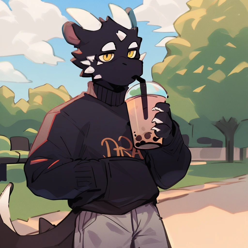 score_9_up, score_8_up, score_7_up, source_furry, mikus-style, black dragon, black body, white horns, yellow eyes, park, holding, bubble tea, black sweater, gray shorts, 1boy, solo