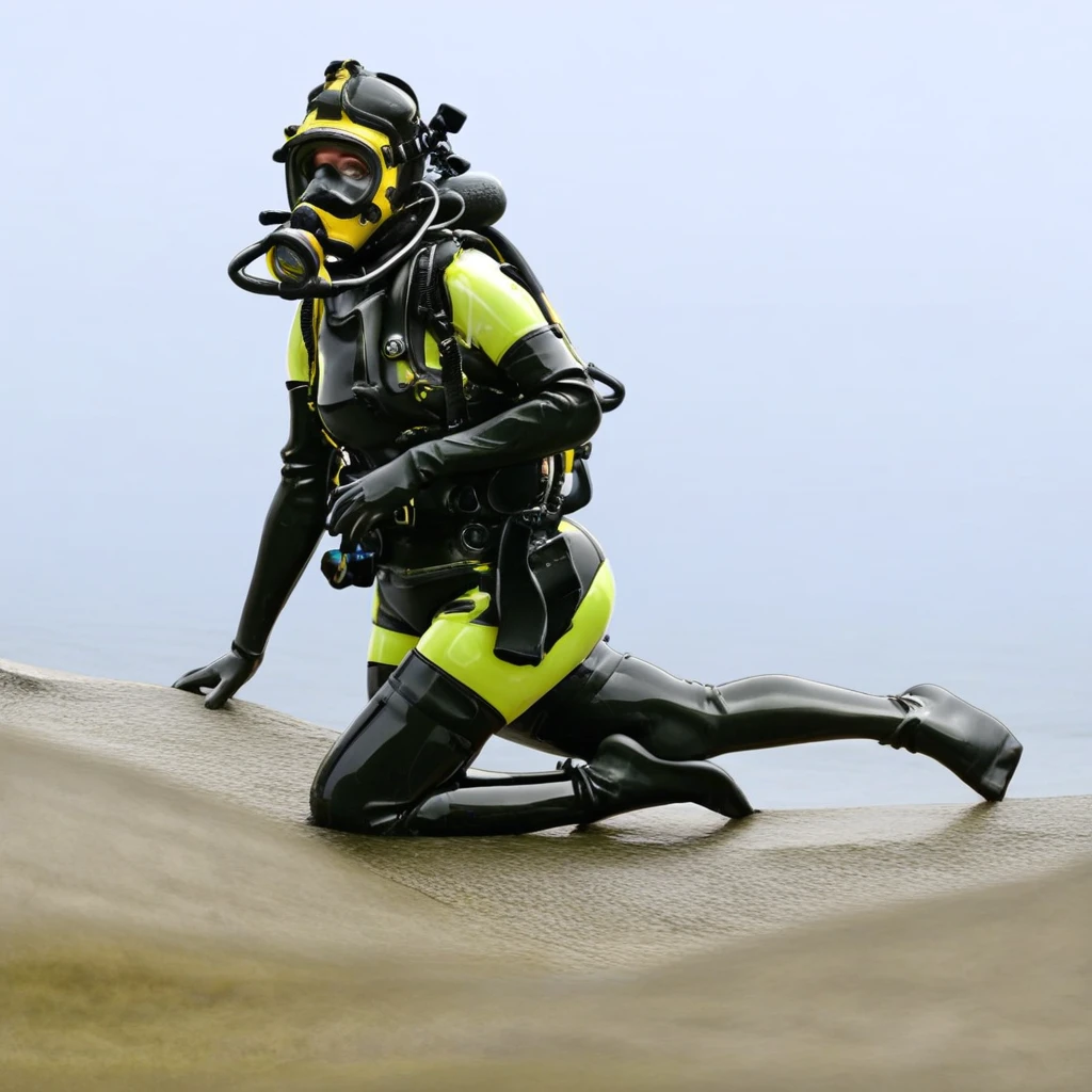 scubagear2023, diving mask, diving goggles, scuba tank, action pose, best quality, masterpiece, 5 fingers, 1boy, comic style, walking at beach