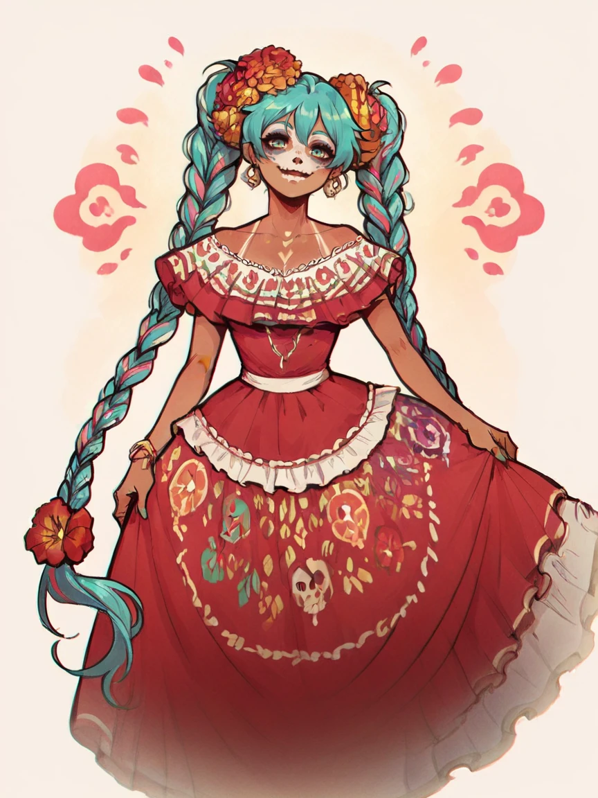 score_9, score_8_up, score_7_up, score_6_up, score_5_up,  <lora:MexicanHatsuneMikuXLP2:0.8> mexican hatsune miku, 1girl, solo, dress, twin braids, multicolored hair, tan skin, curvy, hair flower, dod, sugar skull makeup,