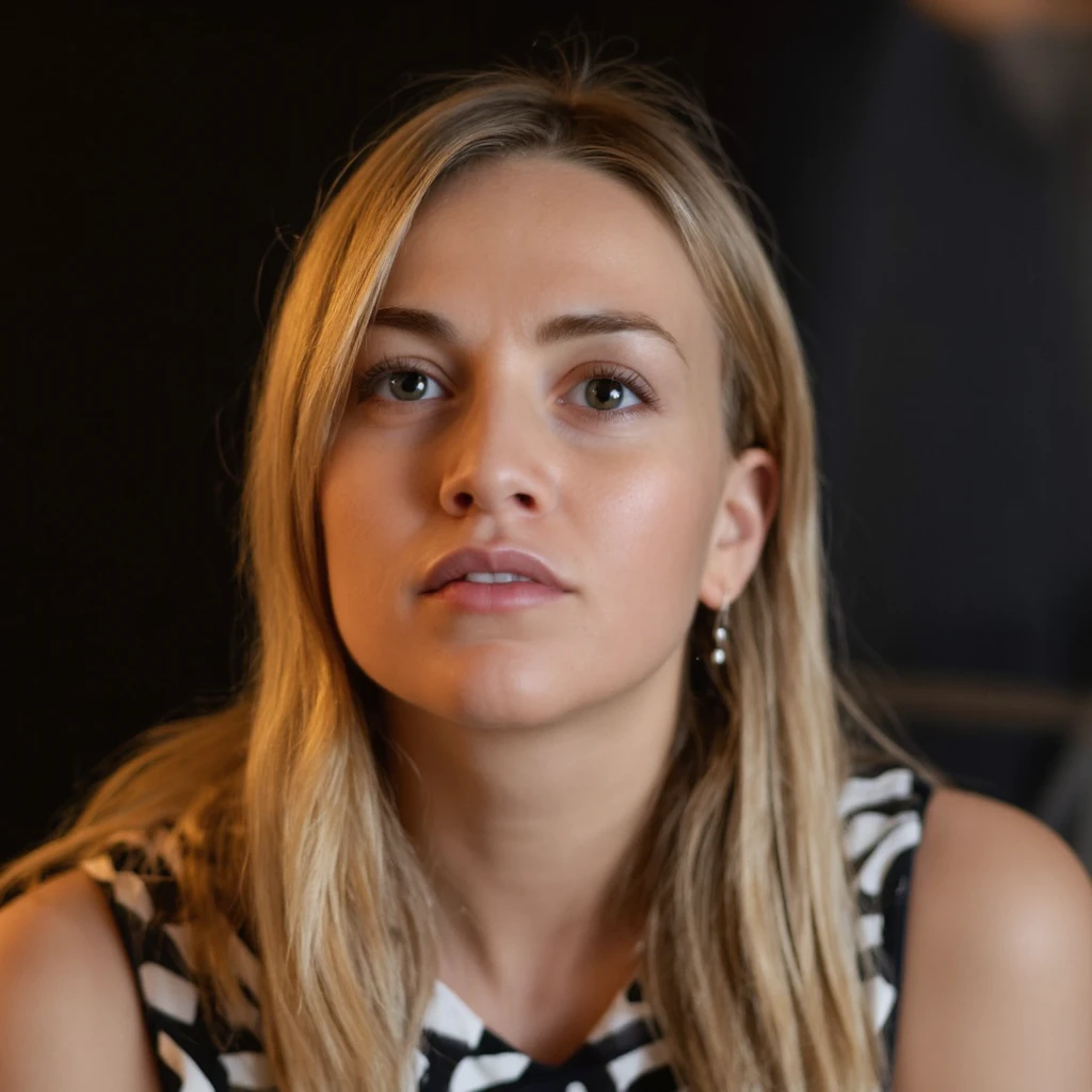 A portrait of carmen_jorda with long, wavy blonde hair. She has striking blue eyes and a fair complexion. She wears a sleeveless top with a black and white pattern. The background is blurred, emphasizing the subject. Soft lighting casts a warm glow on her face, highlighting her features without harsh shadows. The image conveys a serene and contemplative mood.