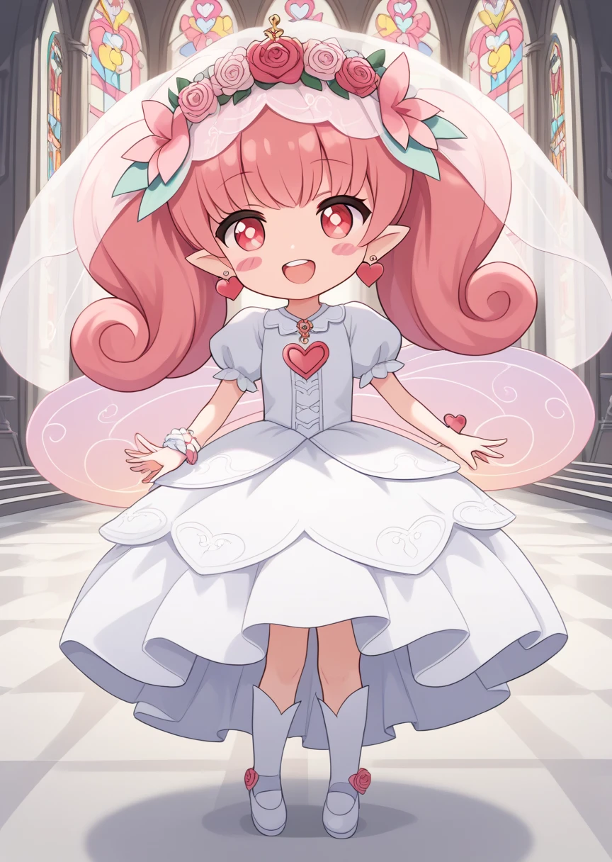 score_9, score_8_up, score_7_up, score_6_up, score_5_up, BREAK
lip, human, female,, 1girl, solo, pink hair, flower, fairy, earrings, open mouth, fairy wings, wings, jewelry, blush stickers, smile, pointy ears, heart earrings, long hair, bangs, red eyes, :d, heart, pink eyes, bright pupils, teeth, , blush, upper teeth only, twin tails, key_necklace, full body, dynamic pose, curly hair, rating_safe, tulip
wedding dress, wedding veil, church, chibi