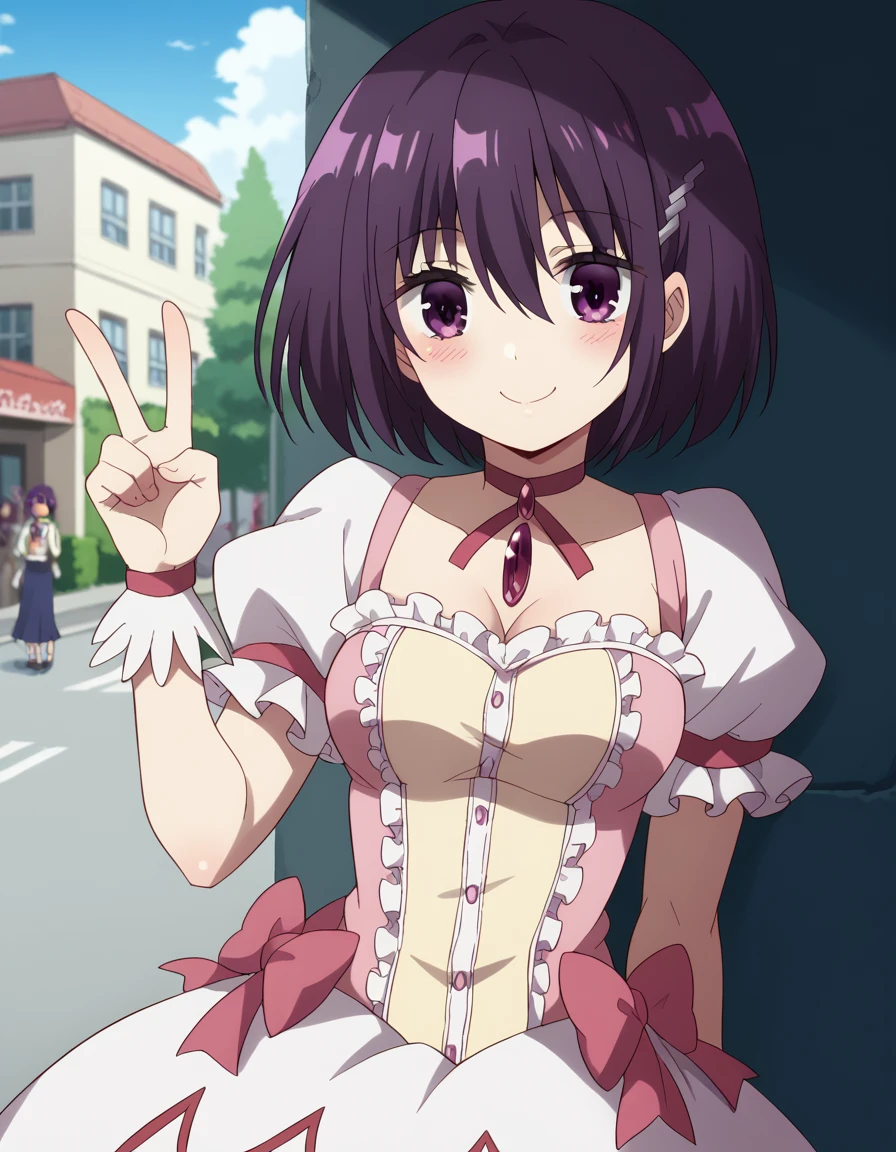 score_9, score_8_up, score_7_up, source_anime, <lora:suzu-kanade-s1-ponyxl-lora-nochekaiser:1>, suzu kanade, short hair, black hair, hair ornament, hair between eyes, purple eyes, purple hair, hairclip, medium breasts,, <lora:kaname-madoka-cosplay-ponyxl-lora-nochekaiser:1>, kanamemadokacosplay, kaname madoka (cosplay), chest jewel, dress, frilled dress, frills, magical girl, neck ribbon, pink dress, puffy short sleeves, puffy sleeves,, outdoors, streets, smile, blush, v, v over eye, , cowboy shot, dutch angle,