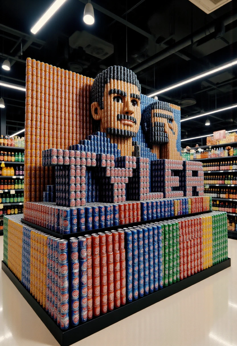 <lora:Supermarket_Soda_Stacker_FLUX-000018:1.0> <lora:jboogx-000001:0.9>
The image is a high-resolution photograph of an elaborate, creative arrangement inside a well-lit supermarket aisle. The centerpiece is a meticulously crafted, life-size model of jboogx, constructed entirely from cans of soda, along with the word "TYLER".