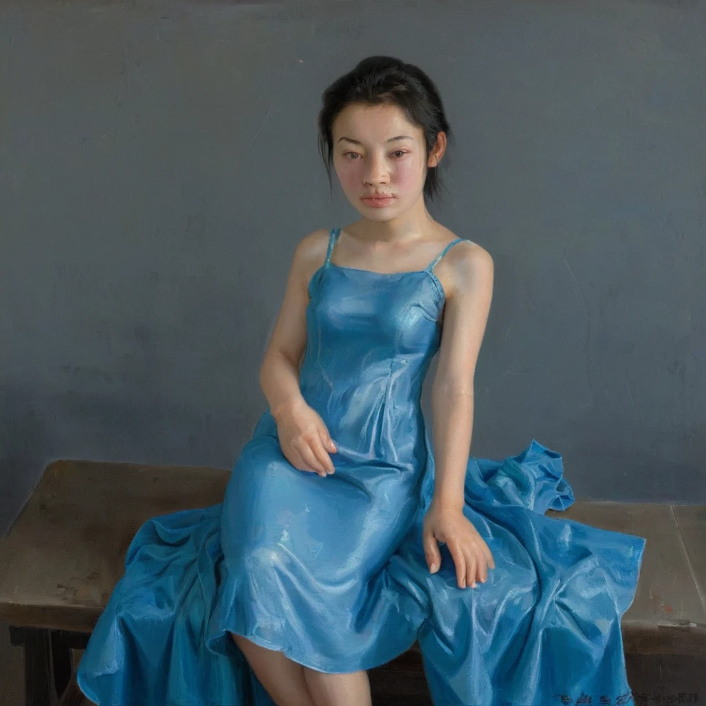 xindongwang, oil painting,solo, 1girl, chinese, full body shot, (blue cloth):1.2, 