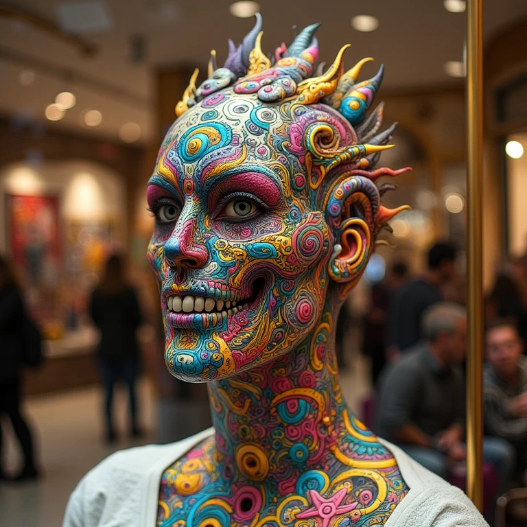 cinamatic photo, styrofoam mannequin head covered in crazy abstract tattoos, behind a display case in a posh shopping mall