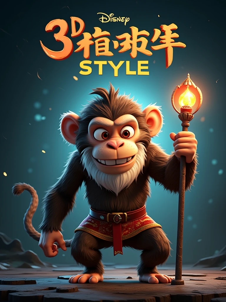 3d animation style, A Disney movie poster with animated disney pixar charachters on the cover. Mystical half monkey half man, the legendary sun wu-kong holding his expanding staff in a high action pose. Movie title in a mystical font saying "3D Animation Style" The text should be almost breaking or cracking the background.