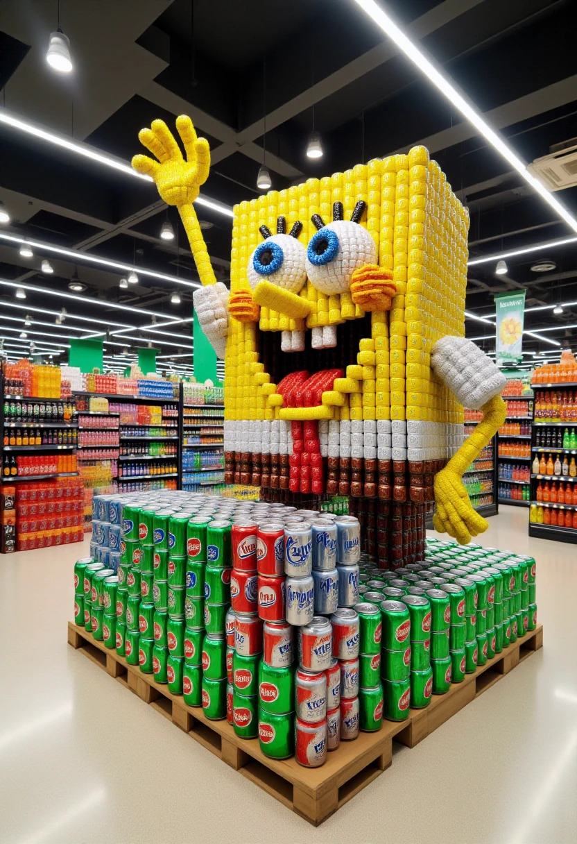 <lora:Supermarket_Soda_Stacker_FLUX-000018:1.0> 
The image is a high-resolution photograph of an elaborate, creative arrangement inside a well-lit supermarket aisle. The centerpiece is a meticulously crafted, life-size model of SpongeBob SquarePants, constructed entirely from cans of soda.