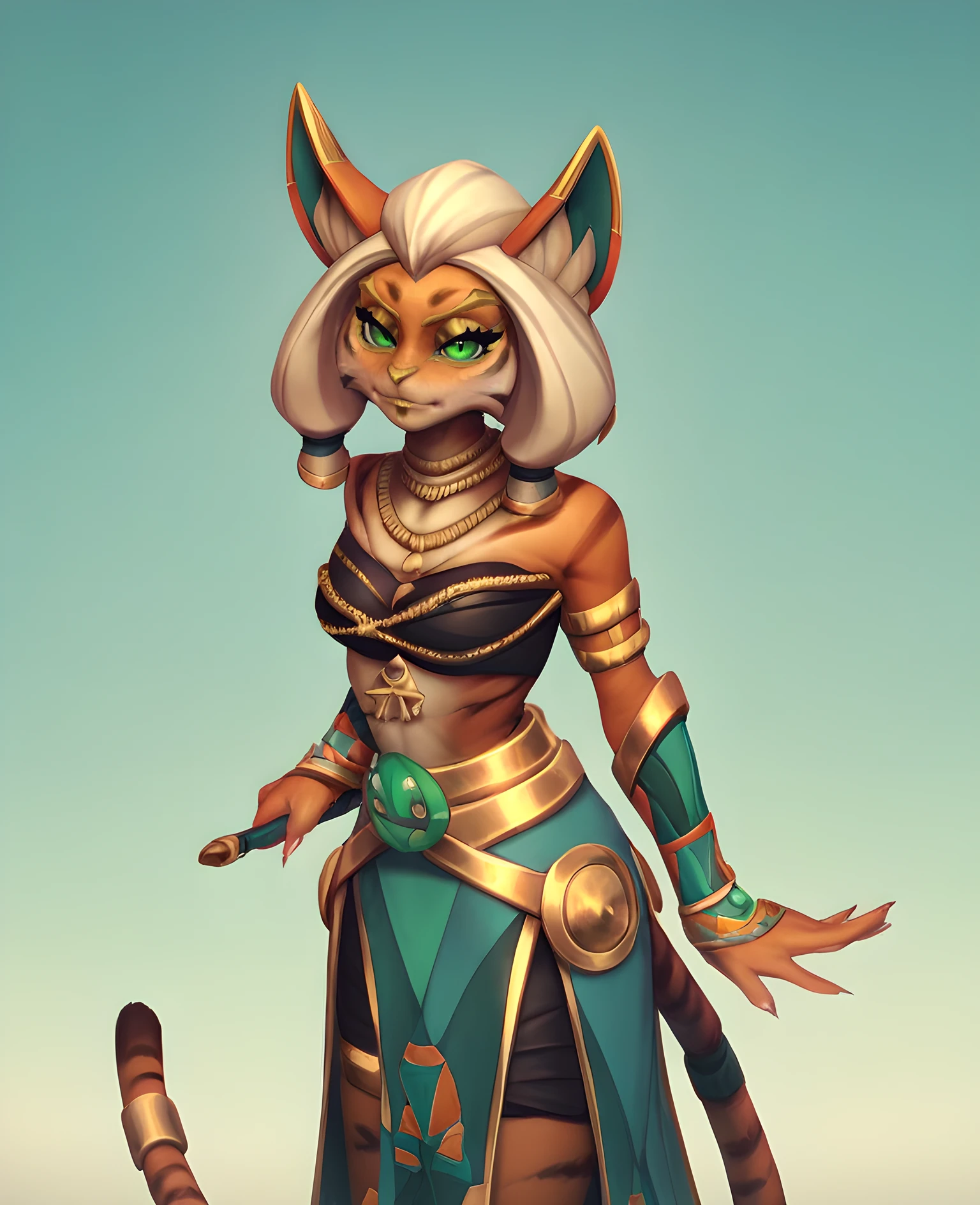 looking at viewer, clothes,, score_9, score_8_up, score_7_up, score_6_up, score_5_up, score_4_up,, emerald bandit maeve, furry, green eyes, white hair, cat, egyptian, tail, <lora:Emerald Bandit Maeve:1>