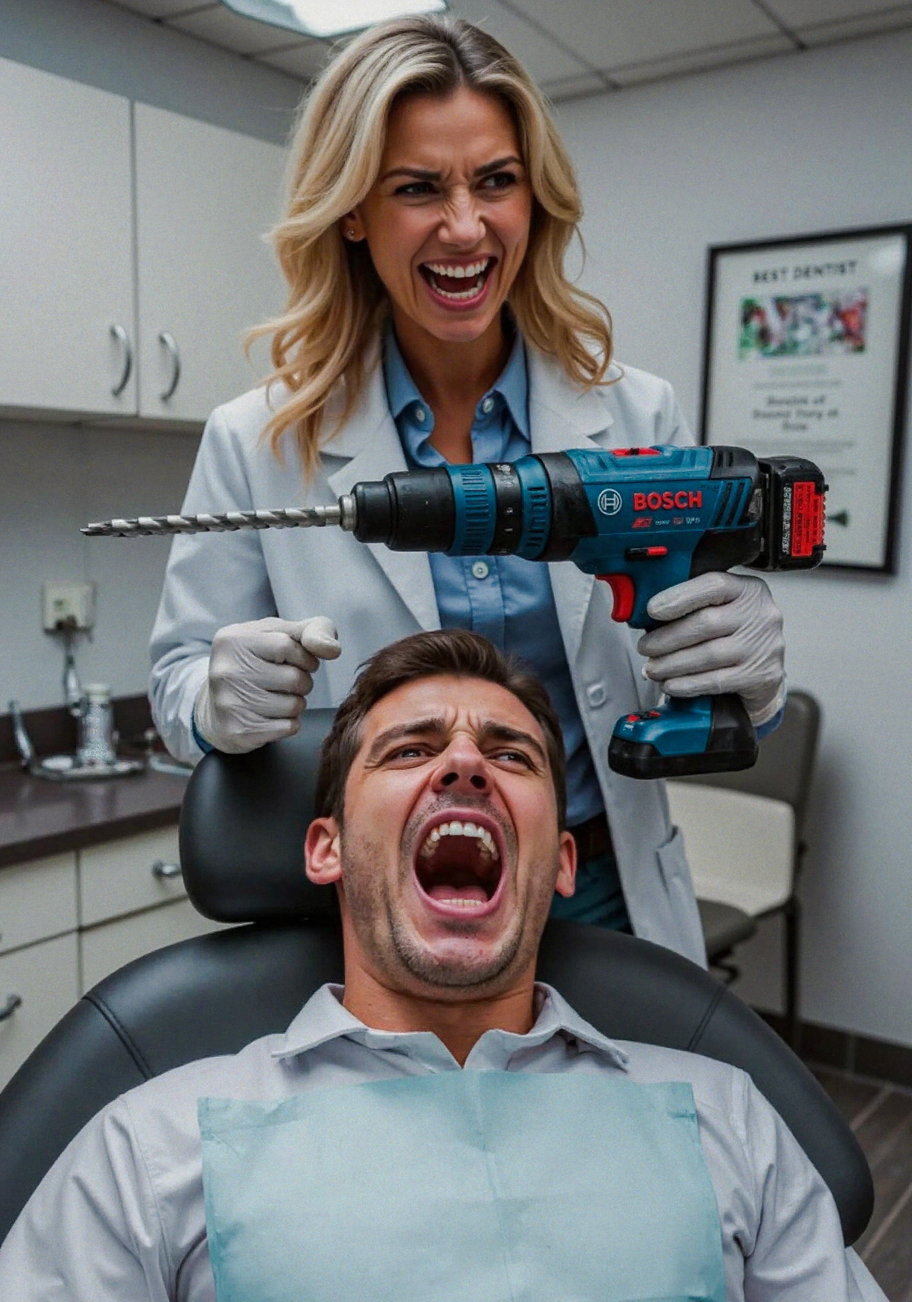 Create a comically outrageous scene set in a dentist's office. A man is lying on a dentist chair, mouth wide open, eyes wide with terror, and an expression of pure fear on his face. The setting is a typical dentist's office with sterile white walls, dental tools, and an overhead lamp, but things take a hilarious turn: instead of regular dental instruments, the attractive female dominatrix dentist wearing a white latex nurse bodysuit is holding a Bosch cordless hammer drill. The drill has a blue body with red accents, a visible battery pack, and the 'BOSCH' logo prominently displayed.

The dentist is standing over him, wearing a pristine white coat and surgical gloves, but with a wicked, exaggerated evil grin on her face. She grips the drill confidently, the bit aimed at the poor patient’s mouth as if she’s about to use it for some 'extreme' dental work. The absurdity of the situation is highlighted by the man's clenched fists, gripping the armrests, and beads of sweat forming on his forehead, as though he's bracing for the world's worst dental experience.

To heighten the humor, add small comical details in the background like a framed 'Best Dentist' award hanging crooked on the wall. The overall tone should be ridiculous and over-the-top, capturing the absurdity of using a Bosch hammer drill for a dental procedure.