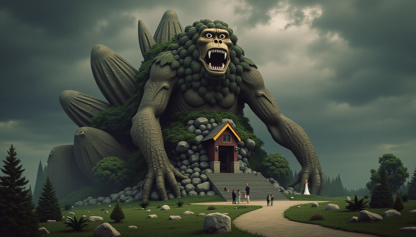 dark and unsettling dream showing a distressing scene of a traditional  exploding novelty architecture  building shaped like a rabid bigfoot, it is operating as a shrine in a heaven. . best quality, high resolution. created by genius but depressed mad artist. grim beauty