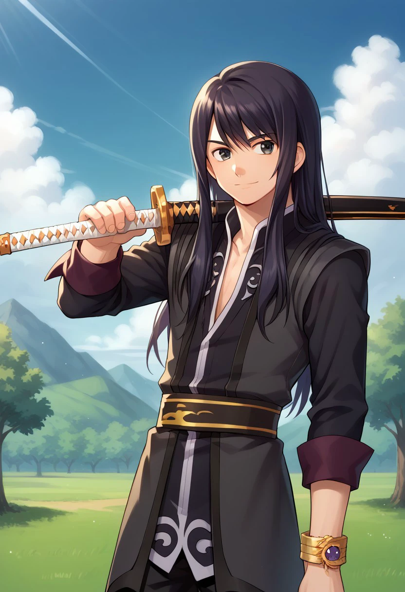 score_9, score_8_up, score_7_up, source_anime, highly detailed, 
lowell, 1boy, male focus, solo, black hair, long hair, black eyes, shirt, black shirt, rolled up sleeves, jewelry, bracelet, boots, knee boots, grey footwear, weapon, sword, over shoulder, weapon over shoulder, left-handed, smile
outdoor, sky, cloud, tree