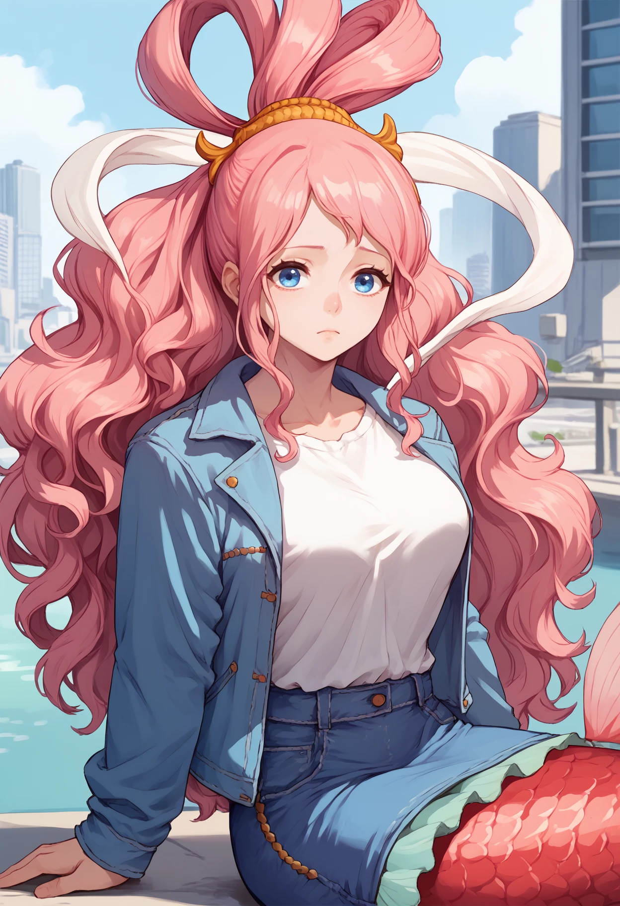 score_9, score_8_up, score_7_up, <break> solo, 1girl, shirahoshi, monster girl, mermaid, scales, looking at you, pink hair, wavy hair, hair rings, hair ornament, blue eyes, blue jacket, denim jacket, open jacket, long sleeves, white shirt, blue skirt, denim skirt, outdoors, city
<segment:yolo-face_yolov8m.pt,0.4,0.5//cid=1>