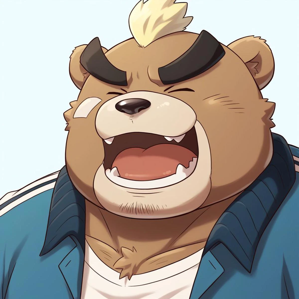 score_9,score_8_up, rating_safe, source_furry, by dsharp, bara, furry, updn, 2d, 
ashigara, bear, standing, look to viewer, 
upper half of body, 
laugh scornfully, 
school background, 
closed eyes,