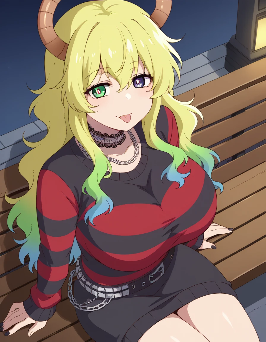 score_9, score_8_up, score_7_up, source_anime, <lora:dragon-lucoa-s2-ponyxl-lora-nochekaiser:1>, lucoa, blonde hair, blue hair, dragon girl, gradient hair, green hair, hair between eyes, horns, huge breasts, multicolored hair, green eyes, purple eyes, yellow pupils, heterochromia,, <lora:emo-fashion-ponyxl-lora-nochekaiser:1>, emo fashion, torn sweater, two-tone sweater, sweater under shirt, striped sweater, lace-trimmed choker, belt chain, red sweater, black sweater, goth fashion, street, night, moon, sitting, bench, from above, tongue out, cowboy shot, looking at viewer