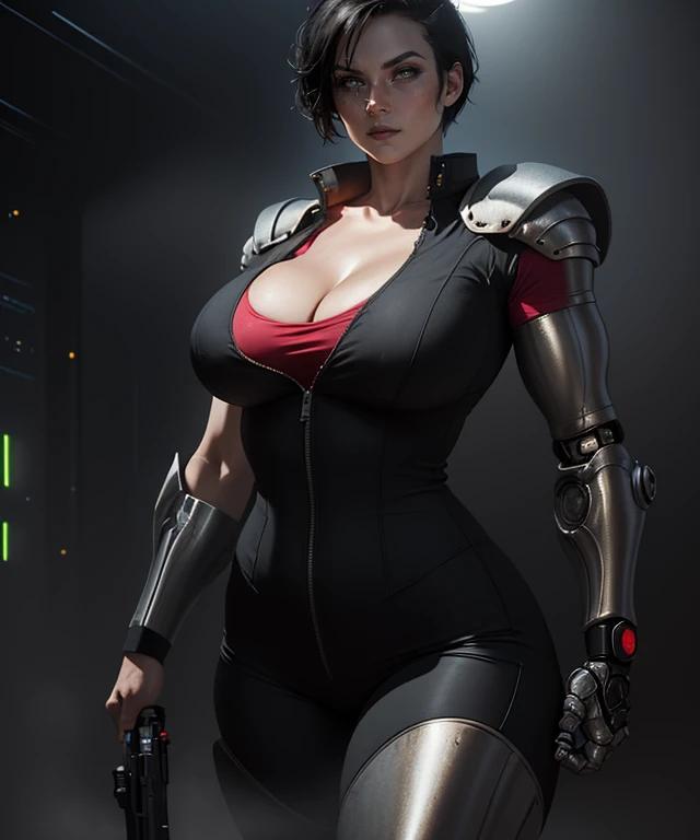 (masterpiece:1.2), best_quality, official_art, ultra_detailed, (jetblack:1.5), (1girl:1.5), (very_short_spiked_black_hair:1.2), (eye_scar:1.5), (metal_eyepiece:1.5), (cyborg:1.2), (prosthetic_arm:1.5), (single_metal_arm:1.5), (single_cybernetic_arm:1.5), (armor:1.2), (jumpsuit:1.2), (single_short_sleeve:1.2), (red_short_sleeve:1.2), (red_undershirt:1.2), cleavage, (large_breasts:1.2), (curvy:1.2), (black_wristbands:1.2), holding_gun, (fog:1.2), (neon_lights:1.2), (sci-fi:1.5), (noir:1.2), (dramatic_lighting:1.2), (cowboy_shot:1.2), <lora:JetBlackV1:1>