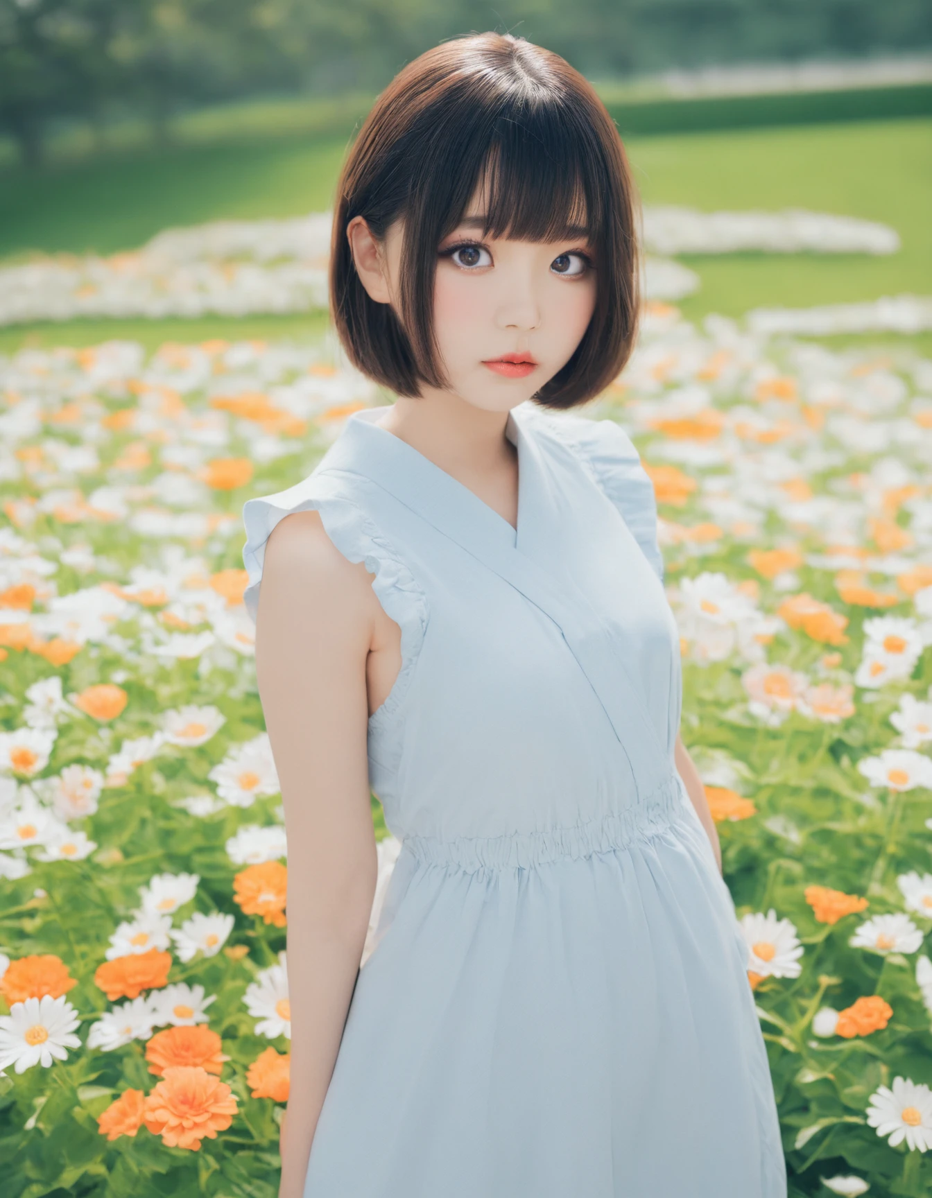 8k, RAW, masterpiece, best quality, very aesthetic, high resolution, raw photo, high resolution,
cowboy shot,
1 girl, Beautiful japanese, 20 yo, Short Bob Hair, Beautifully detailed  eyes, Large eyes, round eyes, 
Sleeveless frilled loose Dress, Cheeks, makeup,
garden, Flowers blooming, flowerbed in the park, sharp focus on subject, <lora:WhippeMilk_2D:0.8>