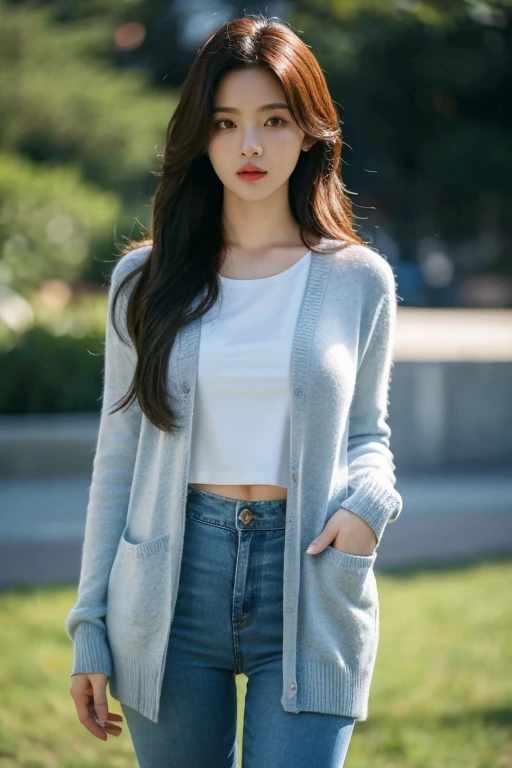 masterpiece, best quality, ultra-detailed, ultra high res, (photorealistic:1.4), raw photo, (realistic:0.2), 8k HDR, realistic lighting, 1girl, solo, (asian:0.2), asymmetrical hair, outdoor, (simple background:1.4), bokeh, (detailed lips), (detailed pores), (detailed skin textures), (detailed face:1.2), (full body:1.2), a woman in a  light blue cardigan, promotional image, dark blue jeans, a character portrait, (thigh gap:1,2),