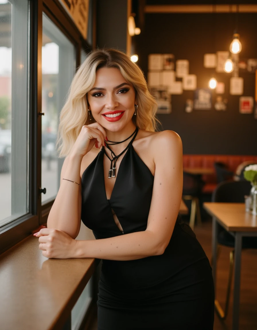 <lora:Hadise_Flux:1>  beautiful exquisite realistic photo of, she wears vibrant red lipstick, black halter top dress. wavy blonde hair, healthy glow, standing in a cafe looking at the viewer smiling , she doesn't have tattoos.