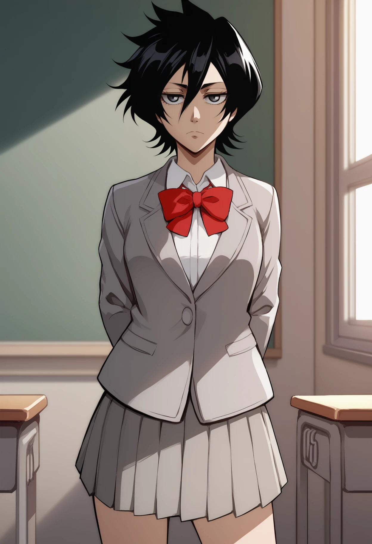 score_9, score_7_up, <break> solo, 1girl, tatsuki arisawa, bleach, expressionless, looking at you, standing, arms behind back, short hair, black hair, school uniform, grey jacket, white shirt, collared shirt, red bowtie, grey skirt, pleated skirt, indoors, classroom
 <segment:yolo-face_yolov8m.pt,0.4,0.5//cid=1>