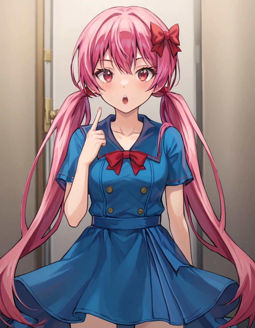 <lora:MarenolGirl-000007:0.7> drug1rl, 1girl, solo, long hair, pink hair, twintails, red hair bow, blue dress
 <lora:IndexFingerPointingAtSelf_XLPD:1> single finger pointing, pointing at self