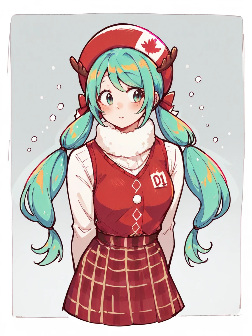 score_9, score_8_up, score_7_up, score_6_up, score_5_up,  <lora:CanadianhatsunemikuXLP2:0.7> canadian hatsune miku, 1girl, red hat, twintails, red plaid skirt, white sweater, red vest, curvy, snow, arms behind back,