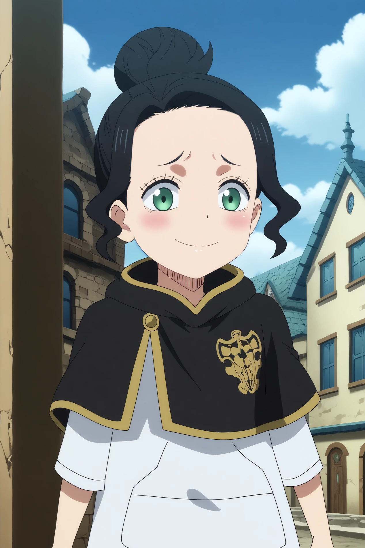  charmy pappitson,child,1girl,solo,smile,single hair bun,blush,blush stickers,hairbun,capelet,black capelet,short hair BREAK outdoors,sky,old village,ruins  Posing with arms wrapped around oneself,  <lora:Charmy_Pappitson_-_Black_Clover.safetensors:0.8>