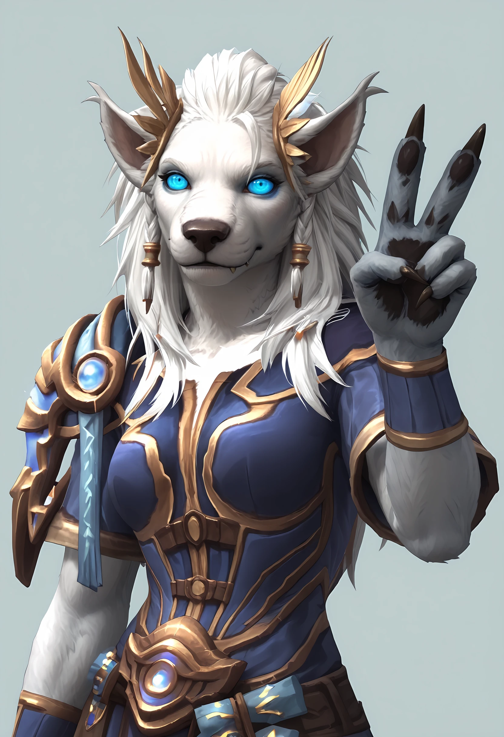 score_9, score_8_up, score_7_up, score_6_up, score_5_up, score_4_up, 1girl, <lora:HydromielWorgenWOW:0.75> furry, furry female, white hair, long hair, blue eyes, animal ears, claws, armor, shoulder armor, jewelry, upper body, v sign,
light blue background, simple background,