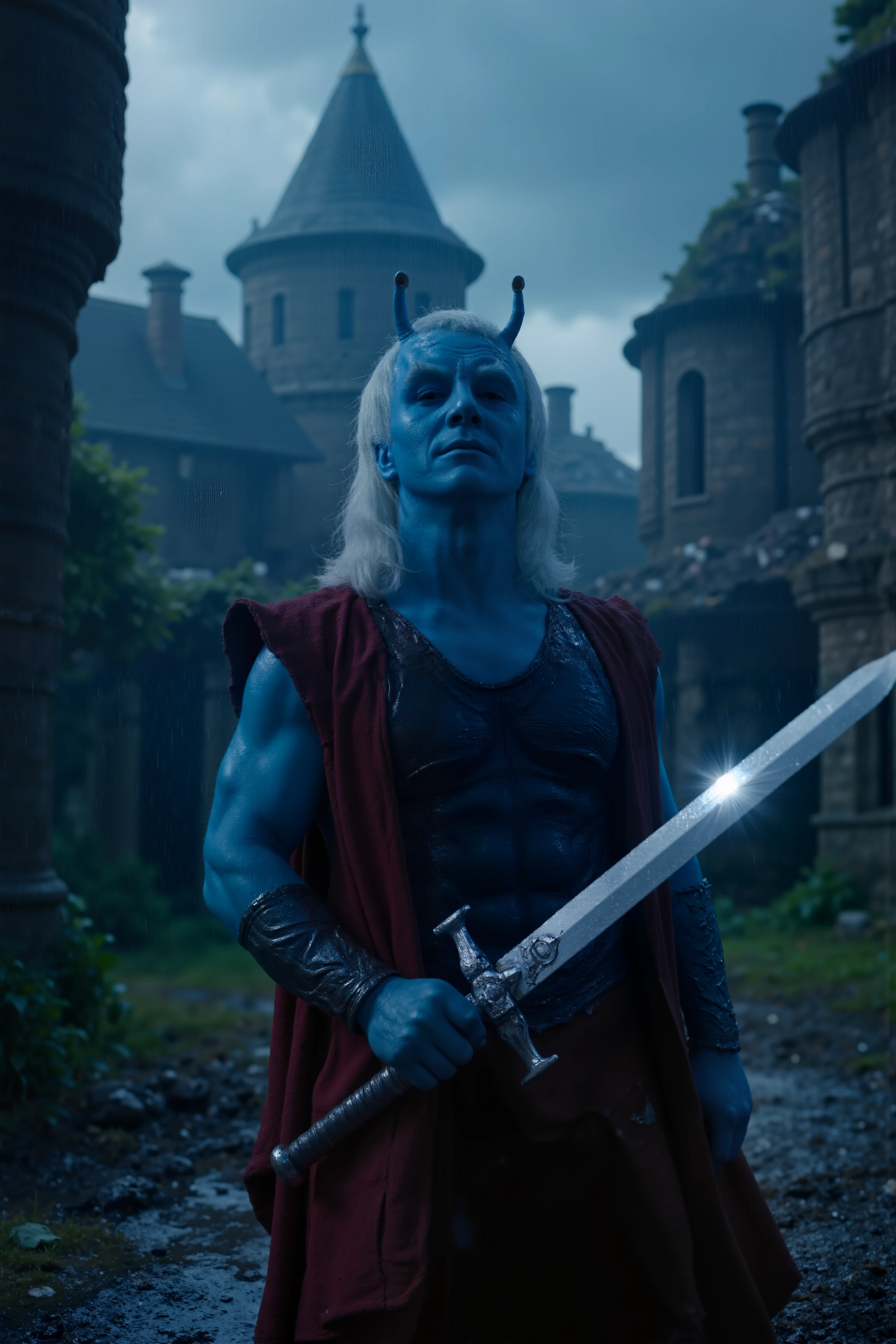 A hyper-realistic portrait, photorealistic photo close-up image of  A muscular andorian male warrior with blue skin and long, wild white hair stands in the middle of a ruined medieval village, rain pouring down in heavy sheets. He wears a red, tattered cloak over his armored chest plate, and his hand grips a massive, glowing sword, steam rising from the blade as it cuts through the rain. His eyes glow with a fierce, electric blue light as he looks up at the storm-filled sky. Behind him, the crumbling watchtowers loom like ghostly shadows, and flashes of lightning illuminate the scene. The rain adds a dramatic, apocalyptic feel to the scene, with the warrior appearing as a lone, defiant figure against the ruins. (photography, high-resolution, dynamic, energetic,hyper-realistic, dramatic lighting, shallow depth of field.) <lora:aidmaMJ6.1-FLUX-V0.1:0.6><lora:Movie_Portrait><lora:Flux DetailerV2><lora:andorian_FLUX>