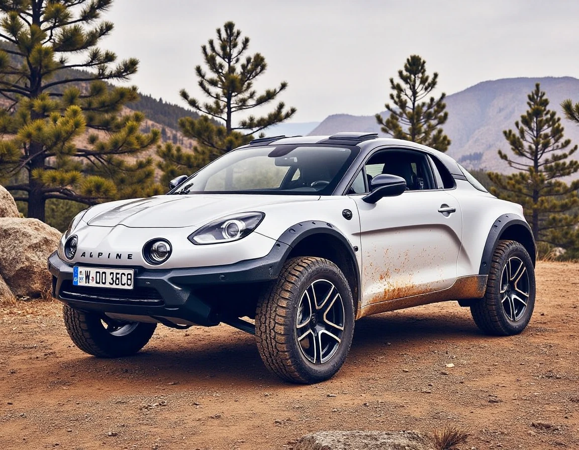 The Alpine A110, transformed into a hardcore off-road beast, stands boldly at the edge of a rugged wilderness trail. Its sleek frame has been outfitted with raised suspension, chunky off-road tires, and reinforced fenders, giving it an aggressive stance ready to tackle the toughest terrain. A custom roof rack holds extra gear and spare tires, while protective skid plates gleam from underneath, hinting at its endurance. The once pristine body is now marked with splashes of mud, evidence of its off-road conquests, yet its signature Alpine elegance remains. Surrounding the vehicle are towering pine trees, rocky terrain, and a distant mountain range, with the A110 appearing perfectly at home in this untamed landscape, defying its origins as a sleek roadster to embody rugged off-road power.
 <lora:alpine-a110:1>