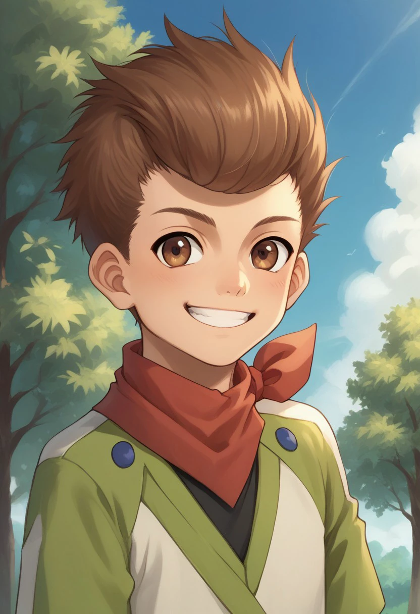 score_9, score_8_up, score_7_up, source_anime, highly detailed, 
1boy, male focus, solo, brown hair, brown eyes, neckerchief, red neckerchief, short over long sleeves, green shirt, black shirt, upper body, smile, grin,
outdoor, sky, cloud, tree