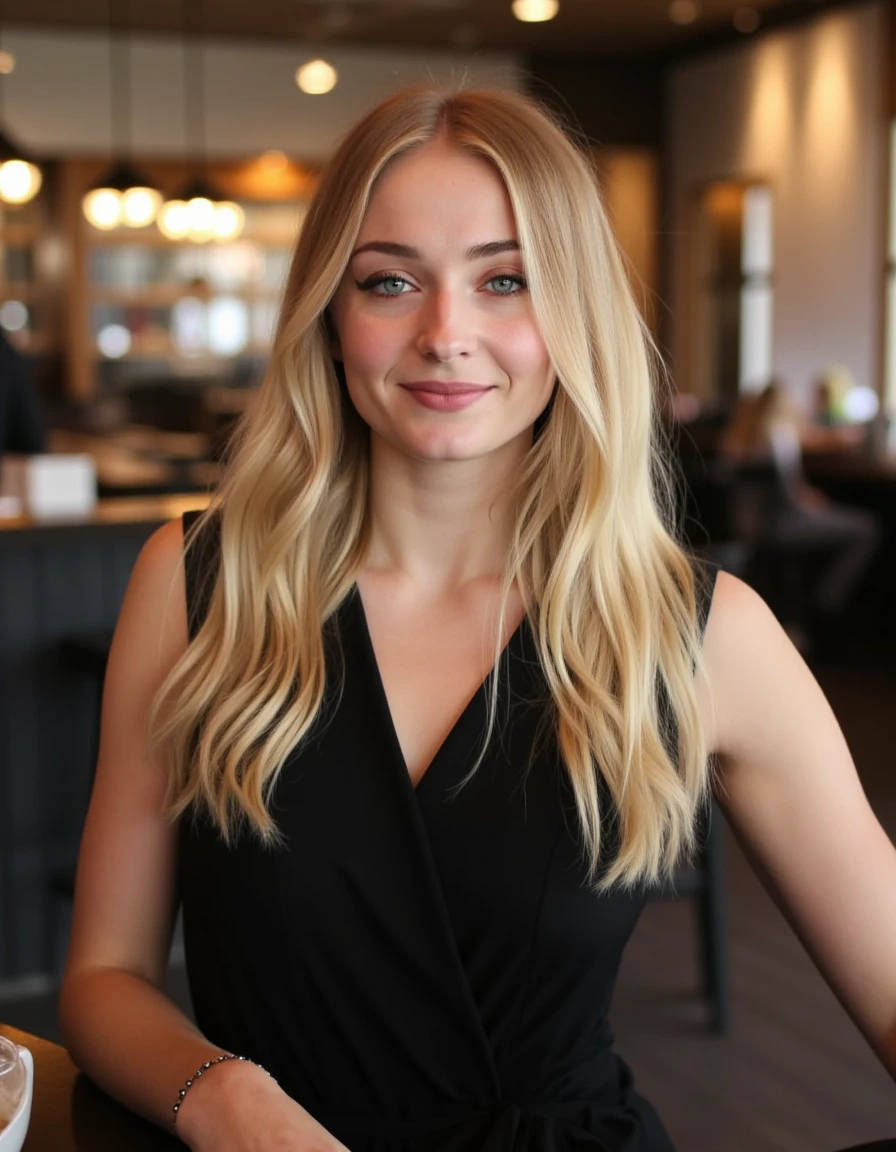 <lora:Sophie_Turner_Flux (1):1> This is a high-resolution photograph of a young woman with a light complexion and striking blue eyes. wavy blonde hair styled in loose waves cascading over her shoulders. Her hair is parted on the side,  wearing a black dress standing in a cafe, looking at the viewer, smiling.