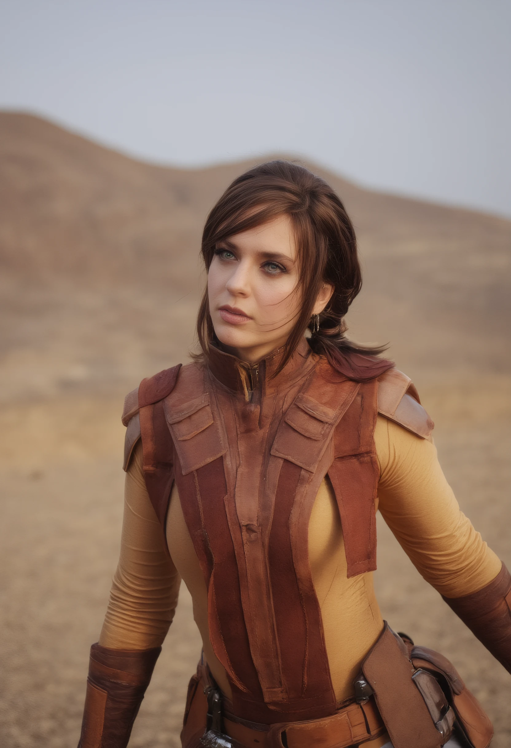 a woman in a coplay costume dressed as bastila_shan, in a desert