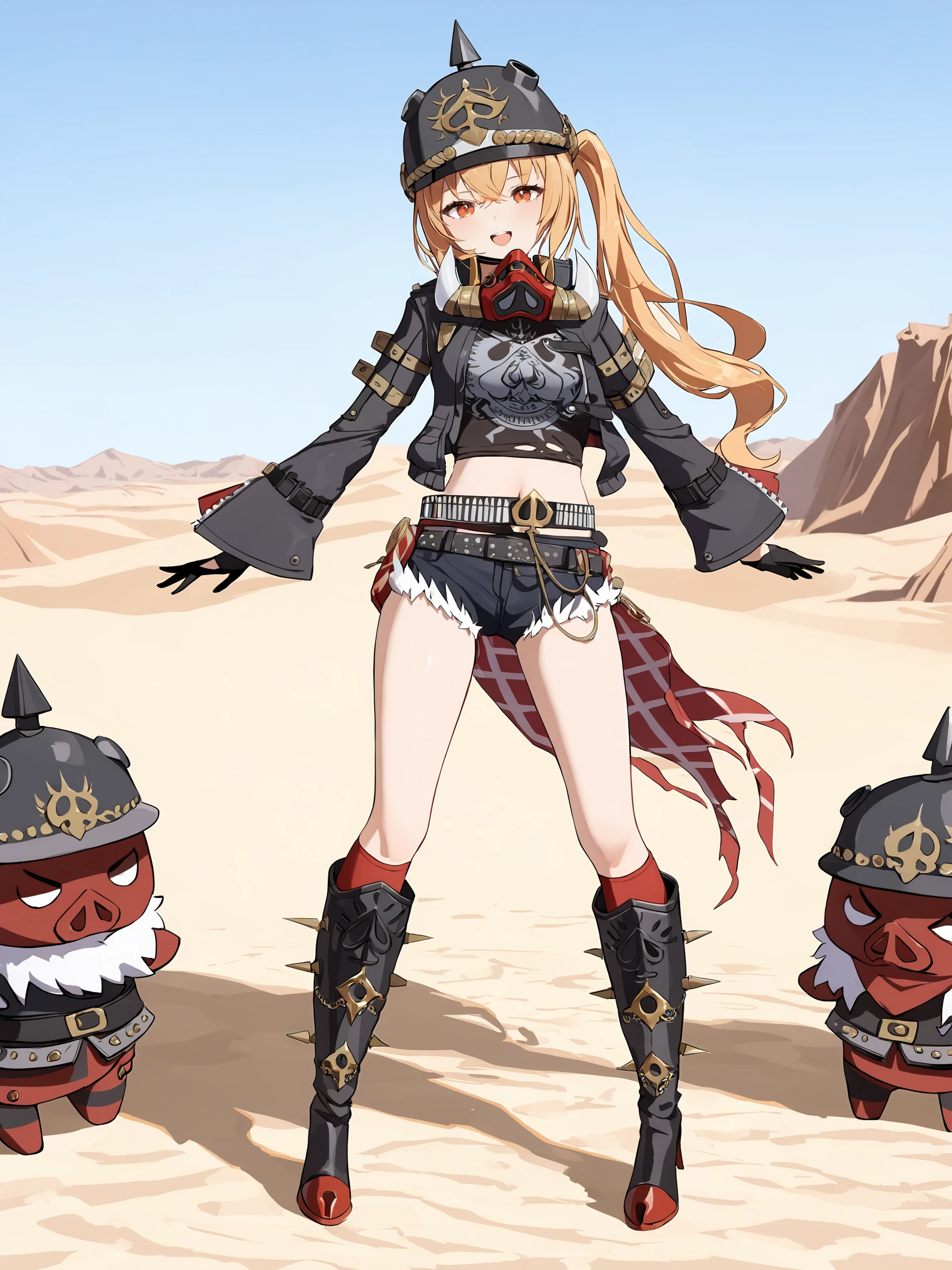 1girl, luciana de montefio, side ponytail, black helmet, cutoffs, half gloves, high belt, cropped jacket, mask around neck, black camisole, sarong, looking at viewer, smiling, open mouth, desert, outdoors, depth of field, standing, full body,  knee boots, red socks <lora:Char-ZZZ-Lucy-XL-V1:0.9>, illustration, incredibly absurdres, ultra detailed, masterpiece, best quality, petite, [<lora:detailed_notrigger:0.95>::0.5]