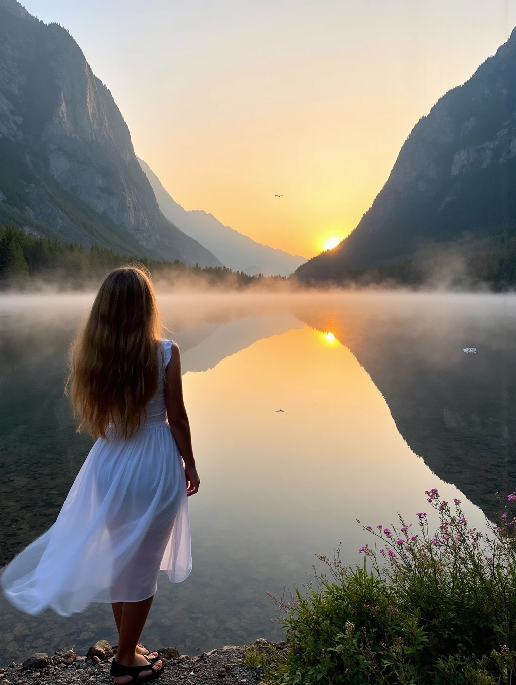 A socmed photo of a young woman with long, flowing golden hair, standing on the edge of a tranquil, glassy lake surrounded by towering mountains at sunrise. She’s wearing a flowing white dress that dances lightly in the breeze, and her expression is peaceful as she watches the sun rise, casting warm golden hues across the water. Mist rises from the lake, and the reflection of the mountains is perfectly mirrored in the still surface. Birds can be seen flying overhead, and wildflowers bloom along the shoreline, creating a serene and picturesque atmosphere. The scene feels like a moment of pure serenity, a connection with nature at its finest.