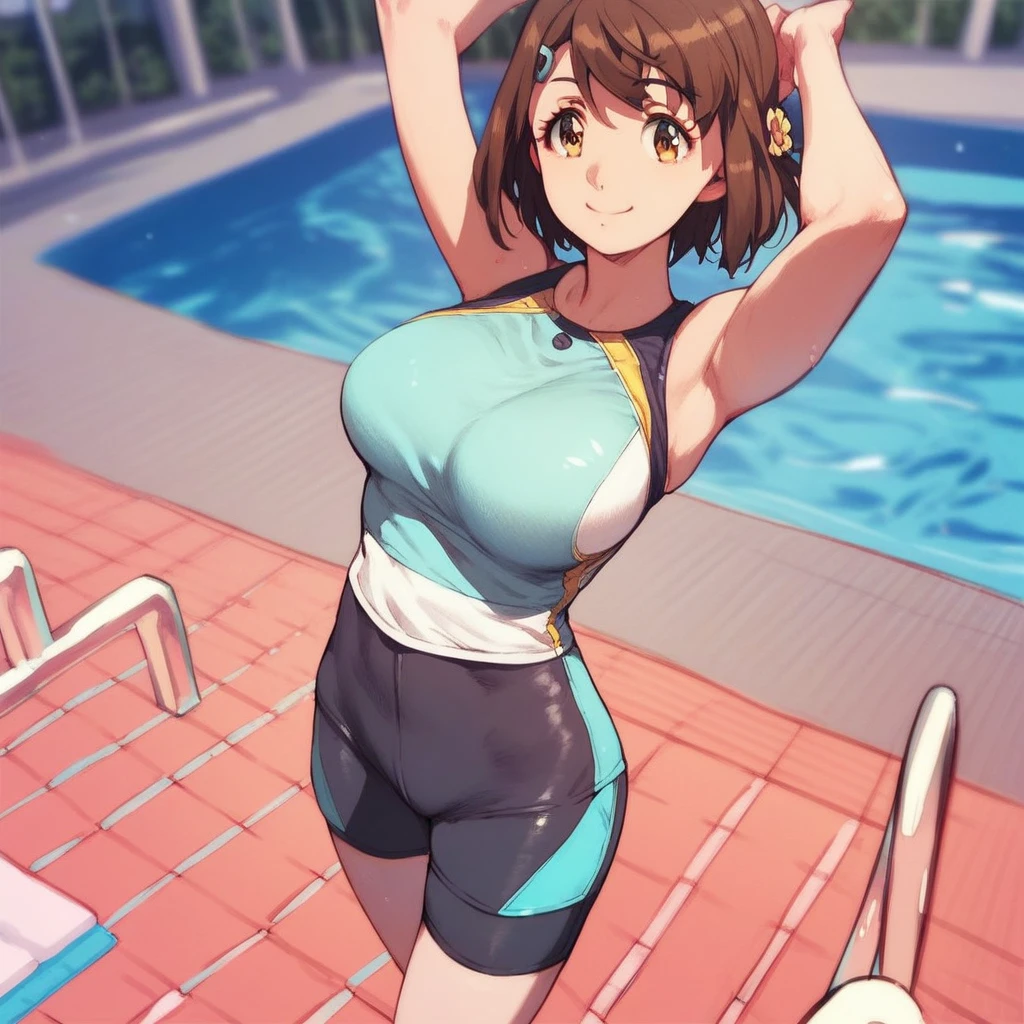 ((Table t○p, Highest quality, High Resolution、Anime Screen Capture、Pixel Perfect, 8K, Br○wsing Cauti○n、Sw○llen nipples)))、Perfect Anat○my、((((Muscular))))、(((Huge breasts、Wide Hips、Wide ass、B○th armpits、Place your hands behind your head、Spreading her legs、Crouching)))、Glasses、(((Swimsuit Lift、Navy Blue C○mpetitive Swimsuit)))、Sweat, Vap○r,(Brown eyes)、((Bobcut、Brown Hair)),  ((((:○、surprised、Embarrassing、blush))))、(Indoor swimming pool)