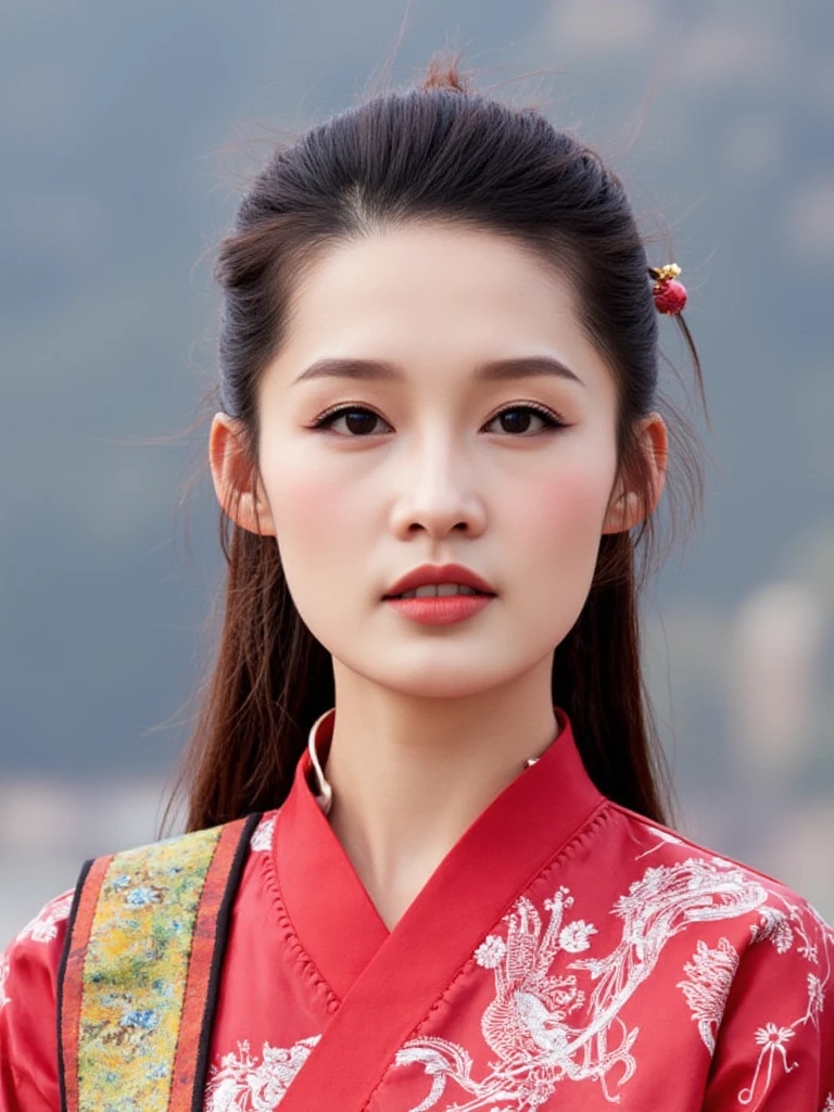 LQ,
The image is a high-resolution photograph featuring a young Asian woman in traditional Chinese attire. Her cheeks are flushed with a vibrant red blush, striking red makeup on her eyes.Her cheeks are flushed with a vibrant red blush, which contrasts with the natural pink undertones of her skin.She stands outdoors against a blurred, natural background, possibly a mountainous landscape. The woman has a fair complexion and straight, dark brown hair styled into a loose, side ponytail with a few strands framing her face. Her hair is adorned with a decorative hairpin, likely made of metal, featuring a small round ornament. She gazes directly at the camera with a calm, composed expression.
She is dressed in a traditional Chinese outfit consisting of a red robe with intricate, white embroidered patterns depicting traditional Chinese motifs. The robe has a high collar and is cinched at the waist with a wide, multi-colored sash featuring shades of red, yellow, and green. The fabric of the robe appears to be made of a soft, textured material that might be silk or a similar fabric. The background is out of focus, allowing the subject to stand out prominently. The lighting is natural, suggesting it is daytime, and the overall color palette is warm and earthy, with muted tones that complement the traditional attire.,
   