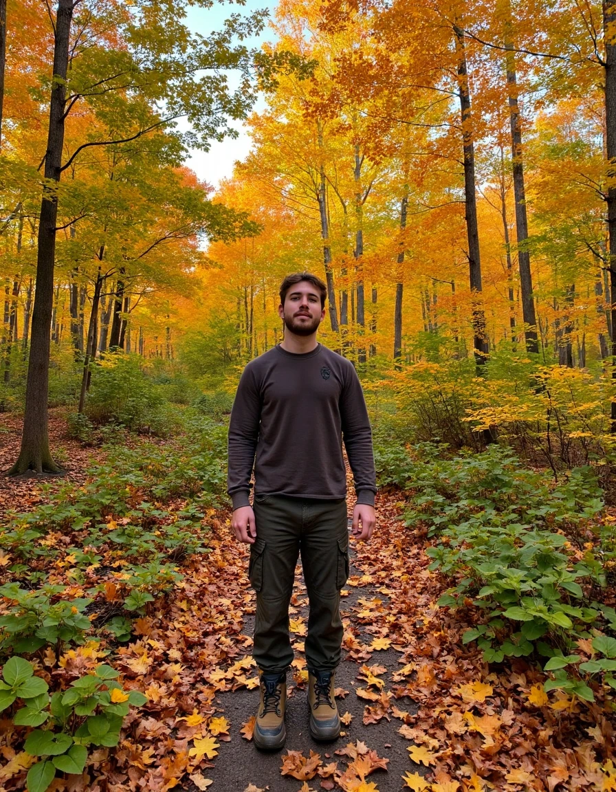 A socmed photo of a young man in his early thirties, hiking through a lush forest during the fall. He has short, rugged hair and a light beard, dressed in a long-sleeve shirt, cargo pants, and hiking boots. His expression is adventurous and excited as he looks up at the vibrant autumn leaves, which create a stunning canopy overhead. The sunlight filters through the trees, casting dappled shadows on the forest floor, which is covered in leaves. The atmosphere is refreshing and invigorating, filled with the sounds of nature and the crunch of leaves underfoot.